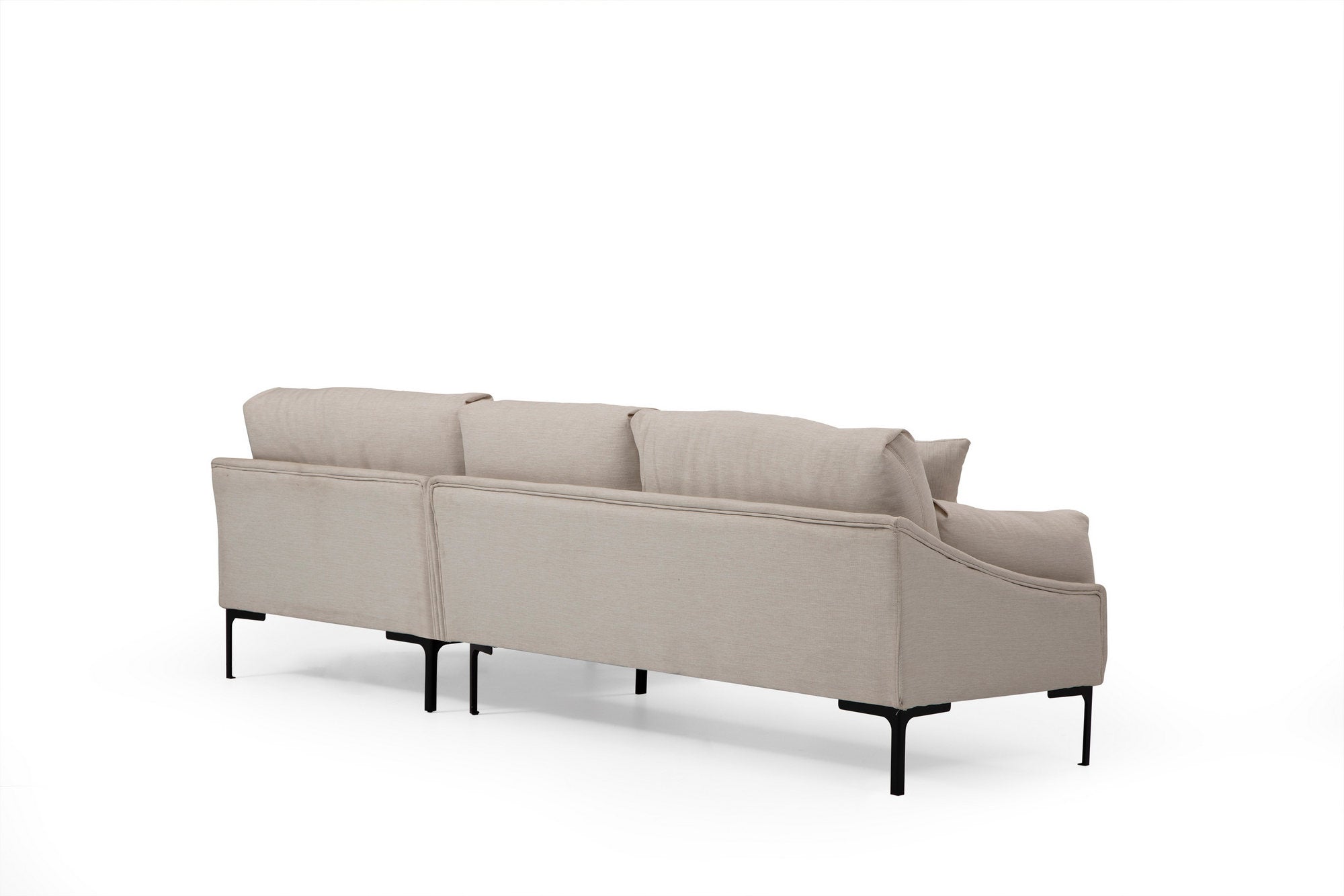 Sofá de canto elegante, cor creme, 255 x 150 cm | Estrutura em madeira de faia e aglomerado, tecido 100% poliéster | Inclui 2 almofadas, design industrial moderno