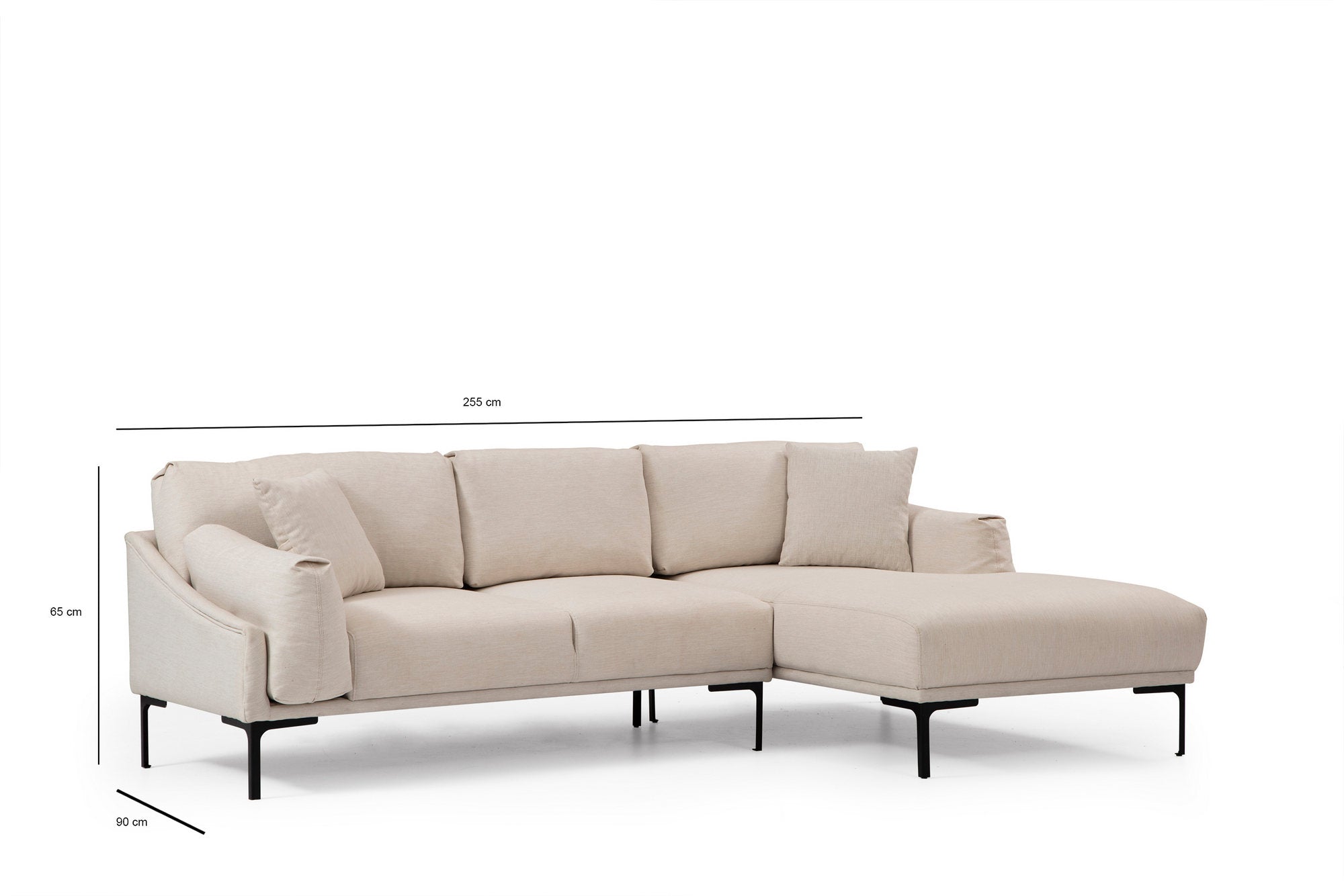 Sofá de canto elegante, cor creme, 255 x 150 cm | Estrutura em madeira de faia e aglomerado, tecido 100% poliéster | Inclui 2 almofadas, design industrial moderno
