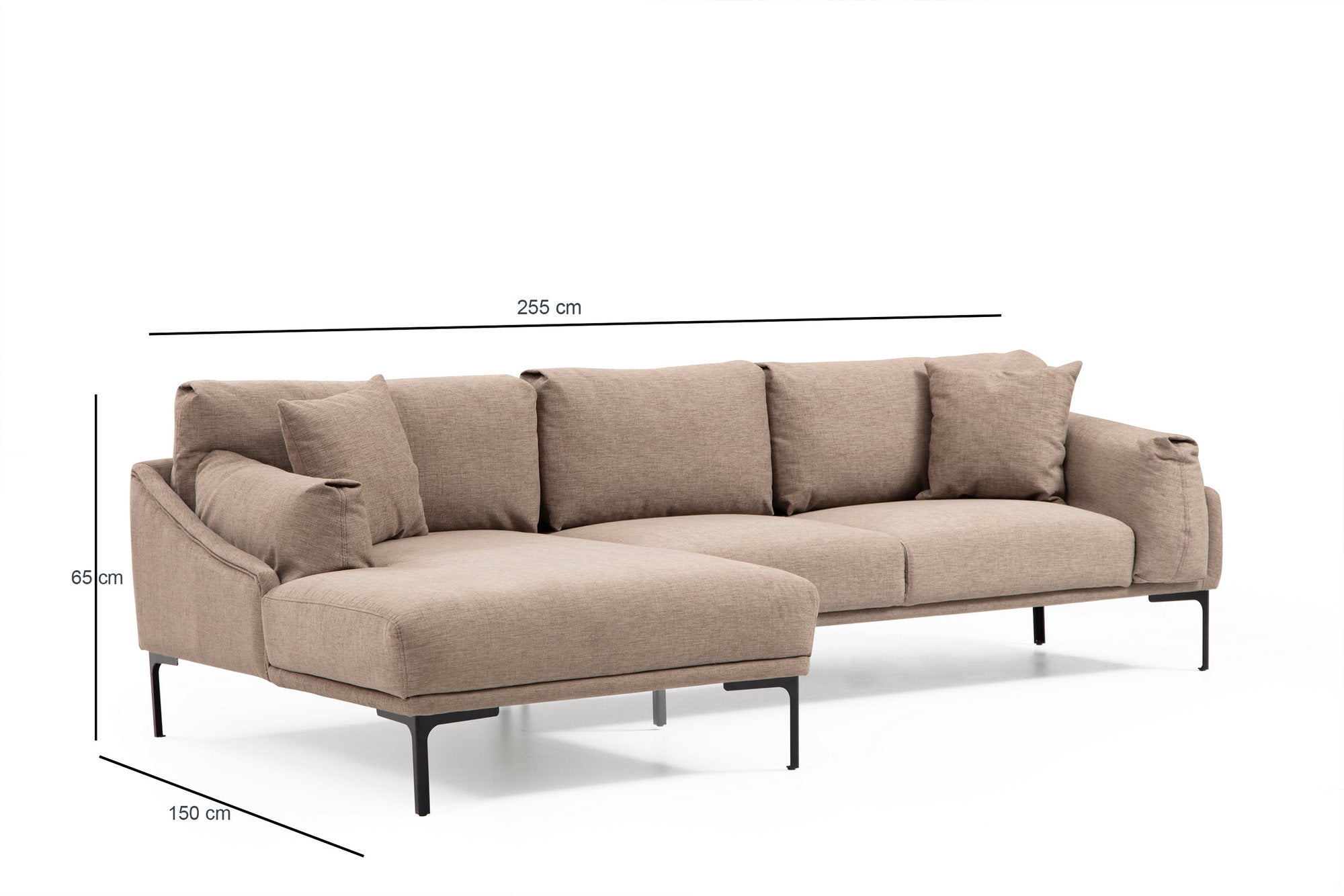 Sofá de canto elegante, cor mocha, 255 x 150 cm | Estrutura em madeira de faia e aglomerado, 100% poliéster, pernas em metal preto | Inclui 2 almofadas, perfeito para ambientes modernos