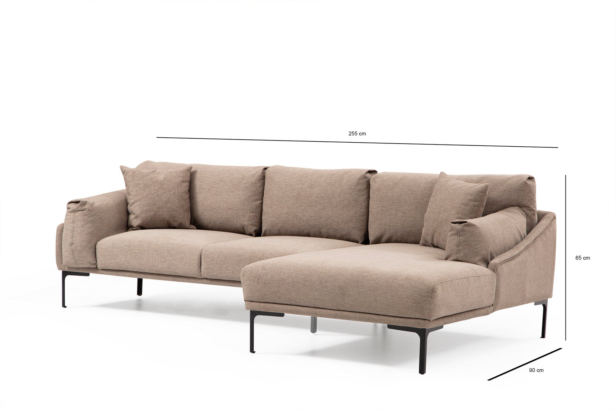 Sofá de canto elegante, cor mocha, 255 x 150 cm | Estrutura em madeira de faia e aglomerado, 100% poliéster, pernas em metal preto | Inclui 2 almofadas, perfeito para ambientes modernos