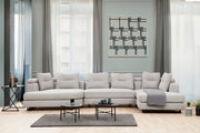 Sofá de canto elegante, cinza claro, 140 x 385 x 200 cm | Estrutura em madeira de faia e aglomerado, 100% poliéster, pernas de metal preto | Inclui 2 almofadas, perfeito para ambientes modernos