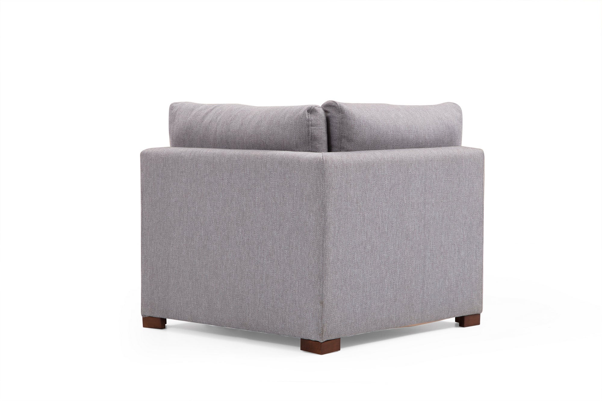 Sofá de canto elegante, cinza claro, 296 x 350 x 190 cm | Estrutura em madeira de faia e aglomerado, 100% poliéster, espuma macia, pernas de metal preto | Inclui 2 almofadas
