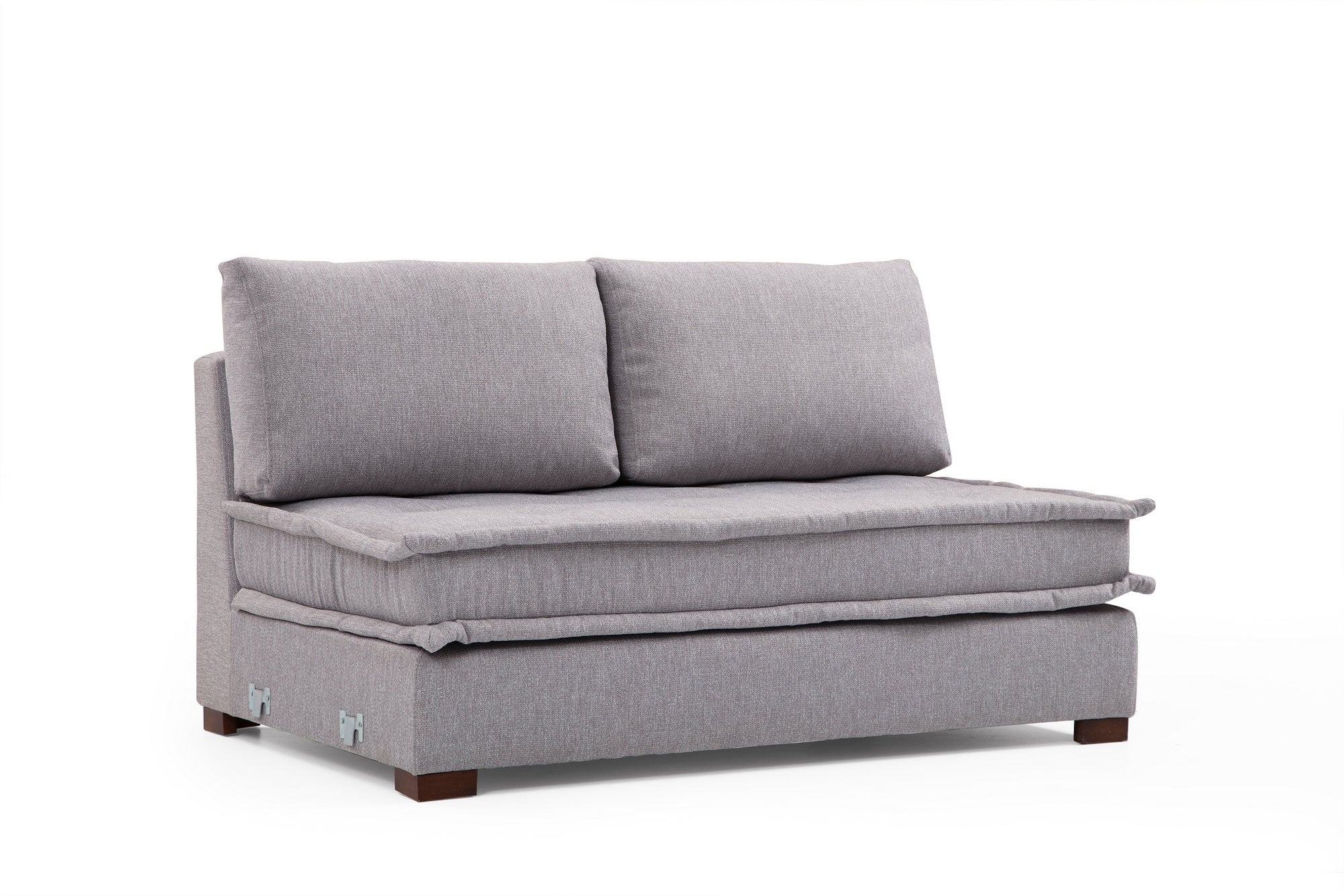 Sofá de canto elegante, cinza claro, 296 x 350 x 190 cm | Estrutura em madeira de faia e aglomerado, 100% poliéster, espuma macia, pernas de metal preto | Inclui 2 almofadas