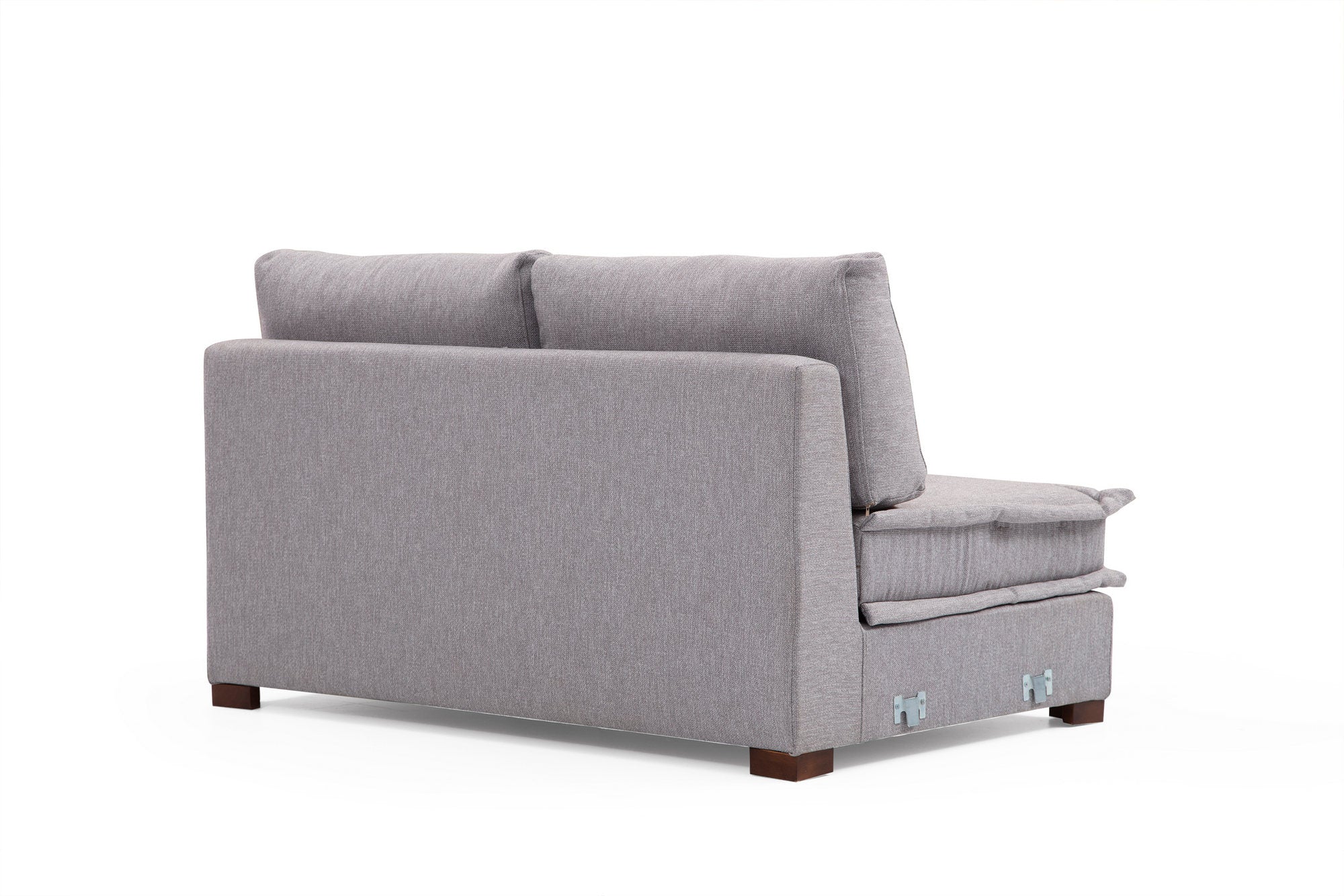 Sofá de canto elegante, cinza claro, 296 x 350 x 190 cm | Estrutura em madeira de faia e aglomerado, 100% poliéster, espuma macia, pernas de metal preto | Inclui 2 almofadas