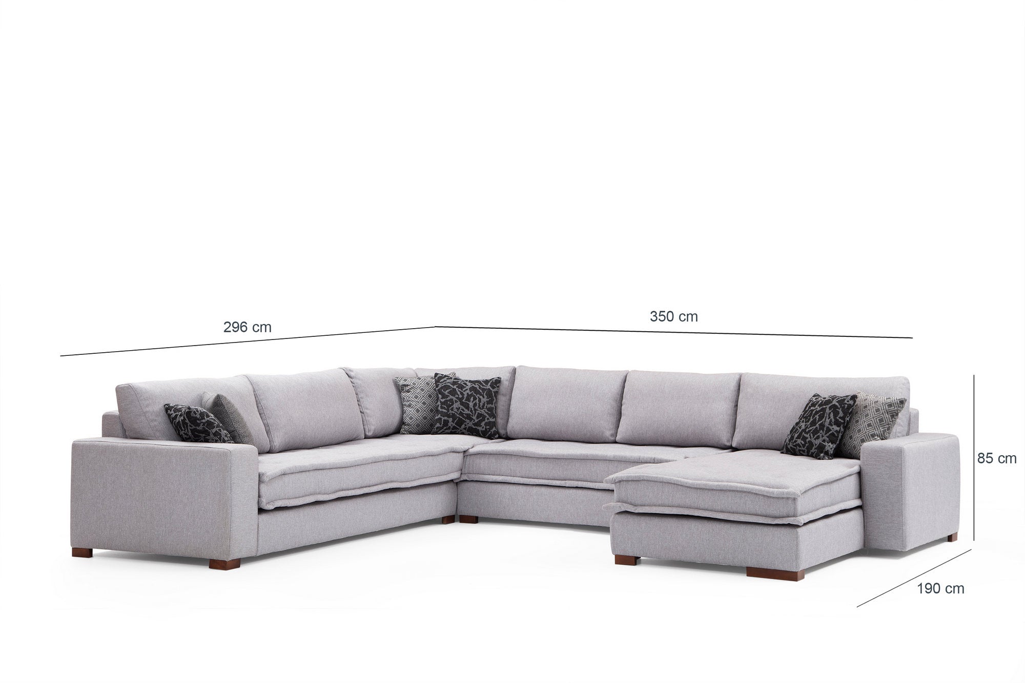 Sofá de canto elegante, cinza claro, 296 x 350 x 190 cm | Estrutura em madeira de faia e aglomerado, 100% poliéster, espuma macia, pernas de metal preto | Inclui 2 almofadas