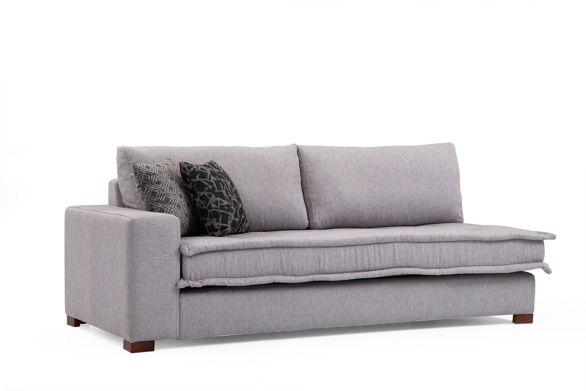 Sofá de canto elegante, cinza claro, 296 x 350 x 190 cm | Estrutura em madeira de faia e aglomerado, 100% poliéster, espuma macia, pernas de metal preto | Inclui 2 almofadas