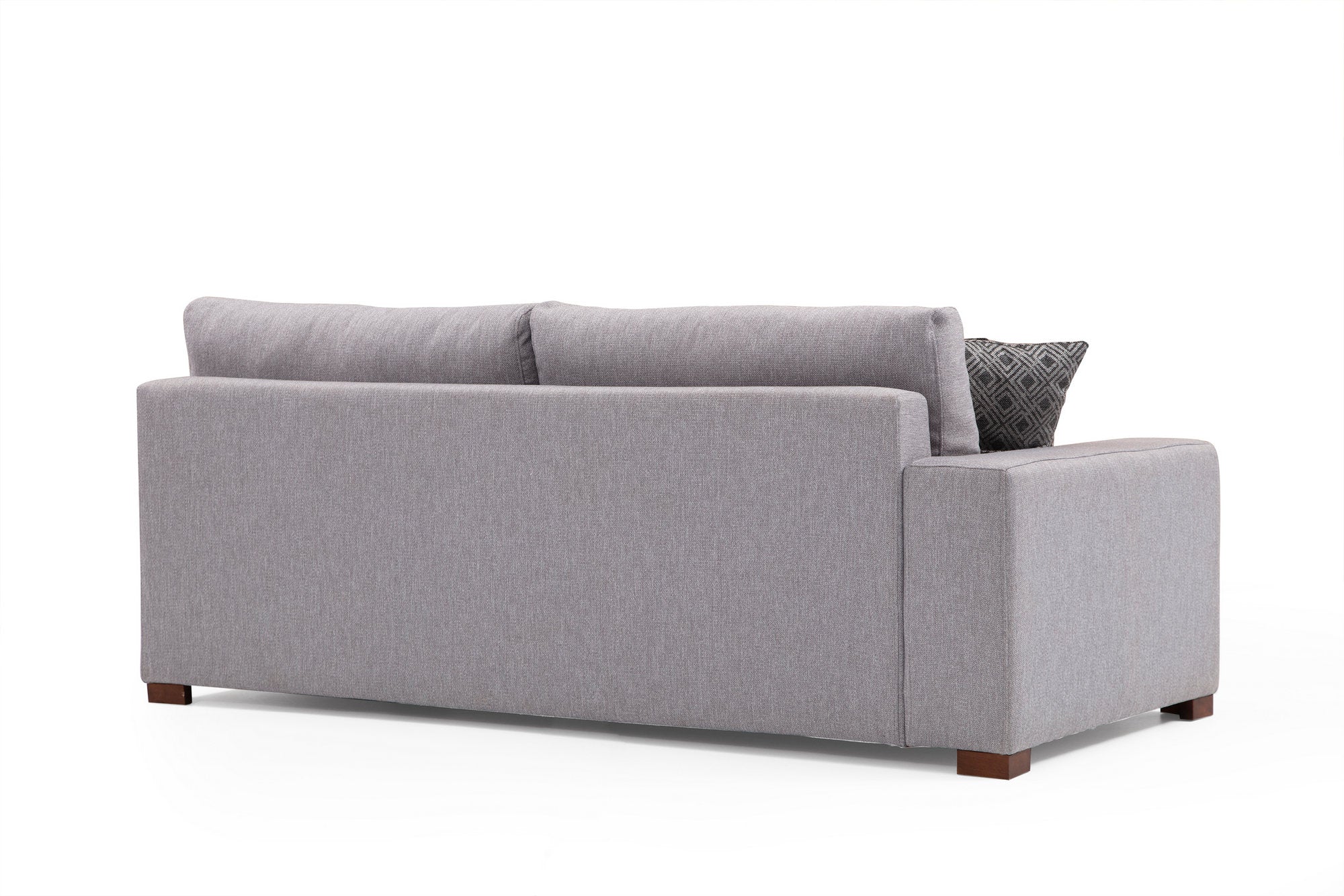 Sofá de canto elegante, cinza claro, 296 x 350 x 190 cm | Estrutura em madeira de faia e aglomerado, 100% poliéster, espuma macia, pernas de metal preto | Inclui 2 almofadas