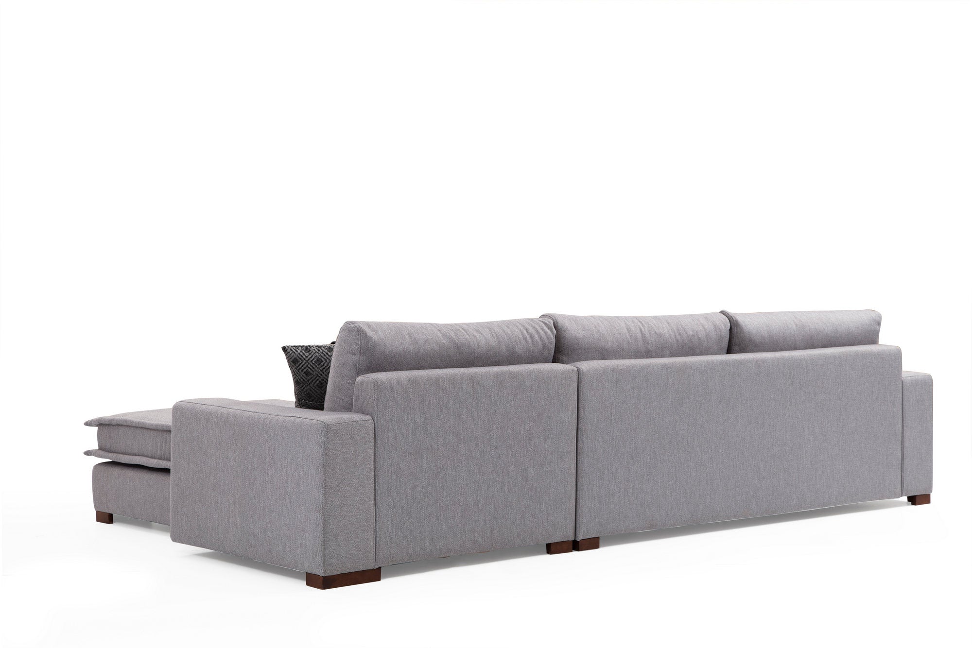 Sofá de canto elegante, cinza claro, 323 x 190 cm | Estrutura em madeira de faia e aglomerado, 100% poliéster, almofadas de espuma macia, pernas de metal preto | 2 almofadas incluídas