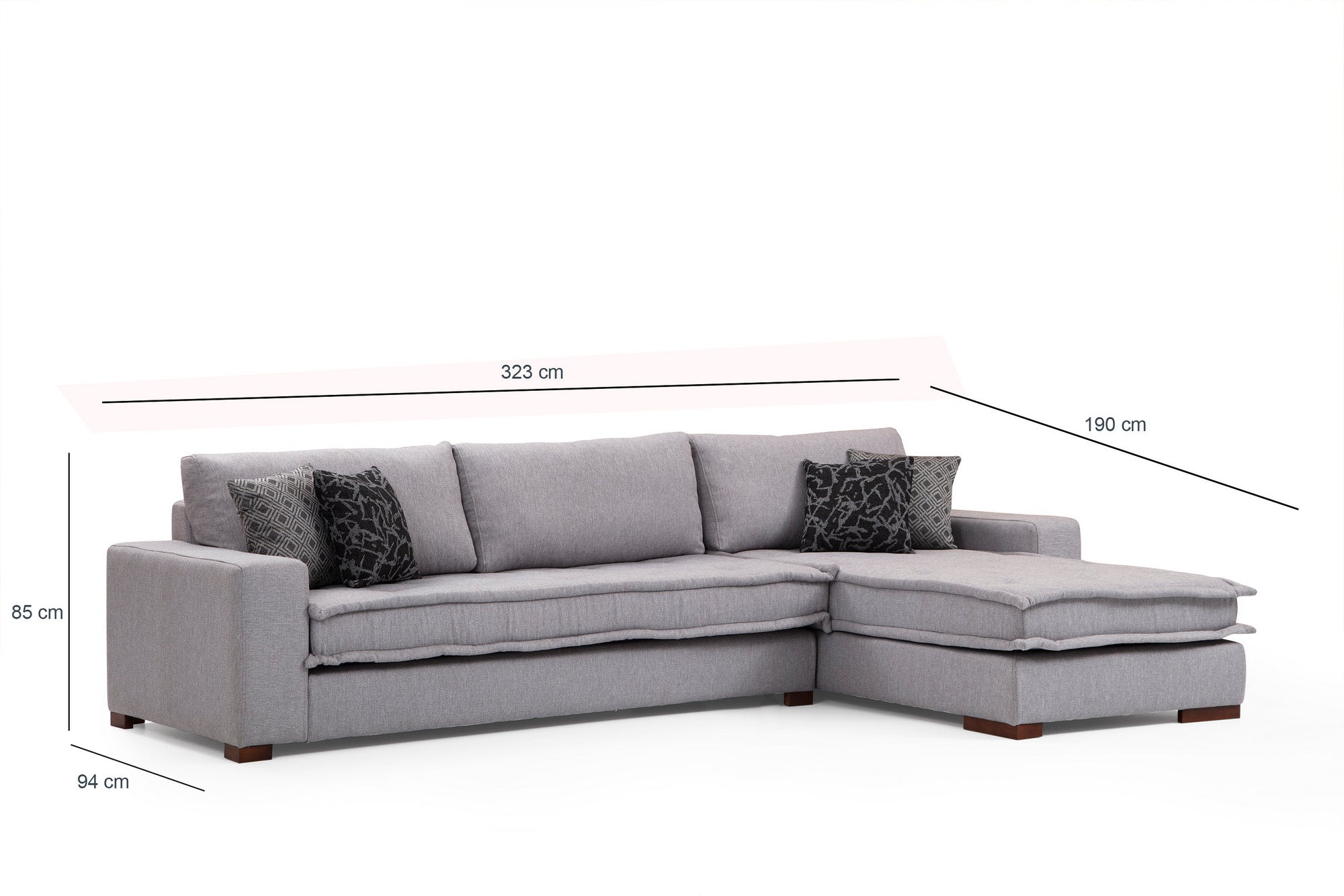 Sofá de canto elegante, cinza claro, 323 x 190 cm | Estrutura em madeira de faia e aglomerado, 100% poliéster, almofadas de espuma macia, pernas de metal preto | 2 almofadas incluídas