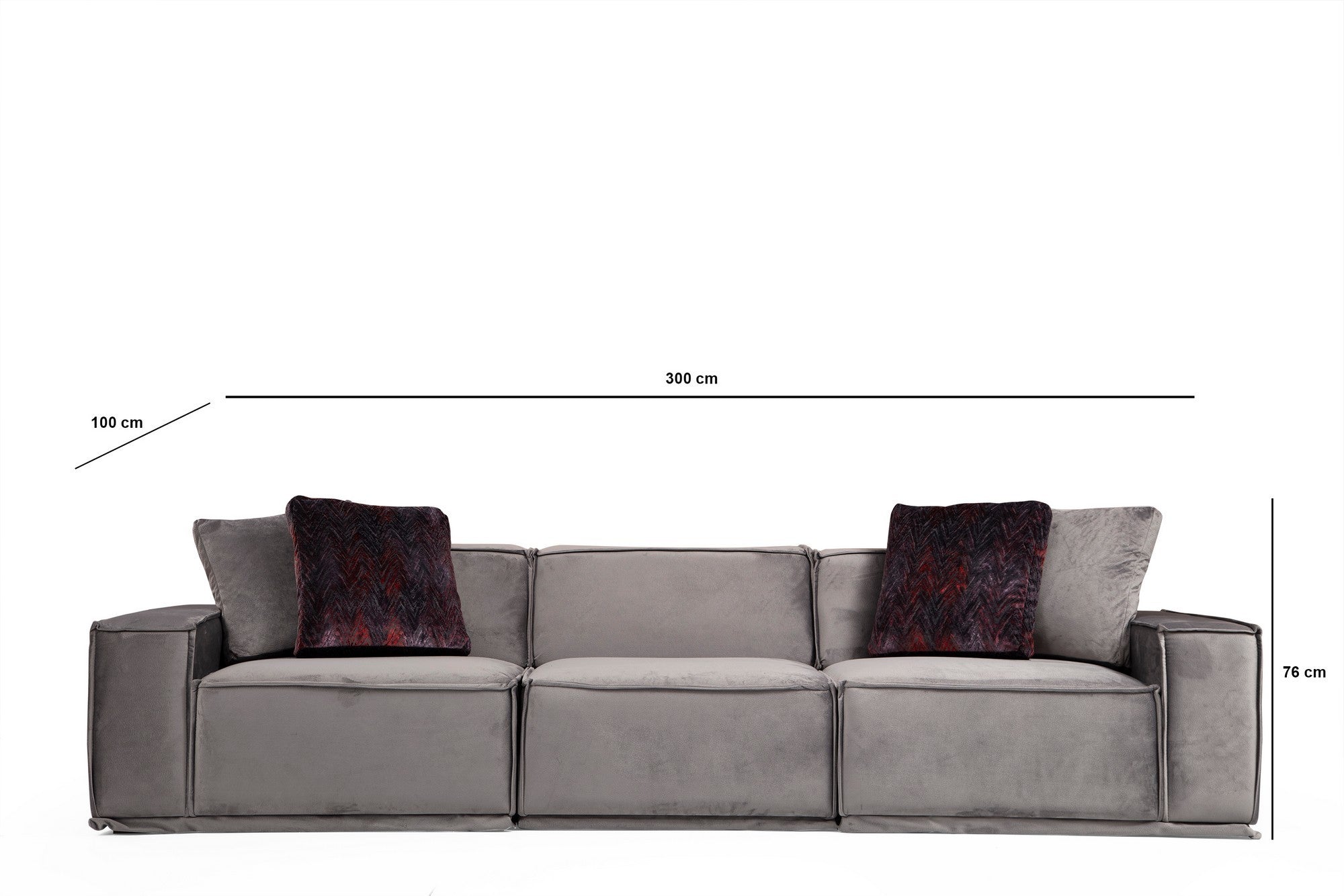 Sofá elegante de 3 lugares, cinza, 300 x 100 x 76 cm | Estrutura de madeira de faia, 100% poliéster, espuma macia, inclui 2 almofadas | Design escandinavo moderno para residências e hotéis