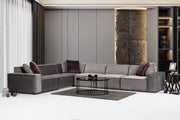 Sofá de canto elegante cinza, 300 x 388 cm | Estrutura em madeira de faia e aglomerado, 100% poliéster, almofadas de espuma macia, 4 travesseiros incluídos | Elegante e funcional para espaços de convivência modernos