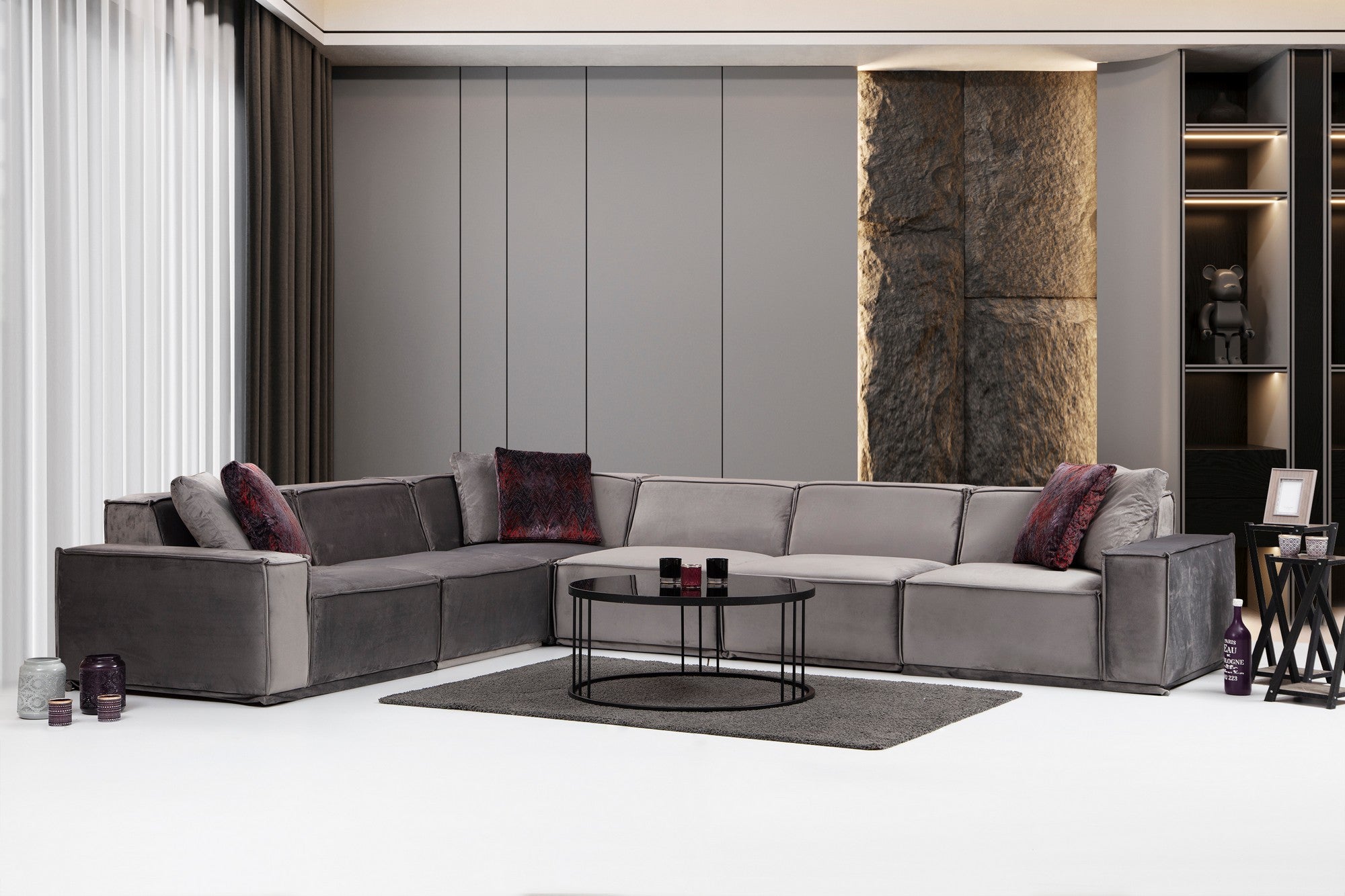 Sofá de canto elegante cinza, 300 x 388 cm | Estrutura em madeira de faia e aglomerado, 100% poliéster, almofadas de espuma macia, 4 travesseiros incluídos | Elegante e funcional para espaços de convivência modernos