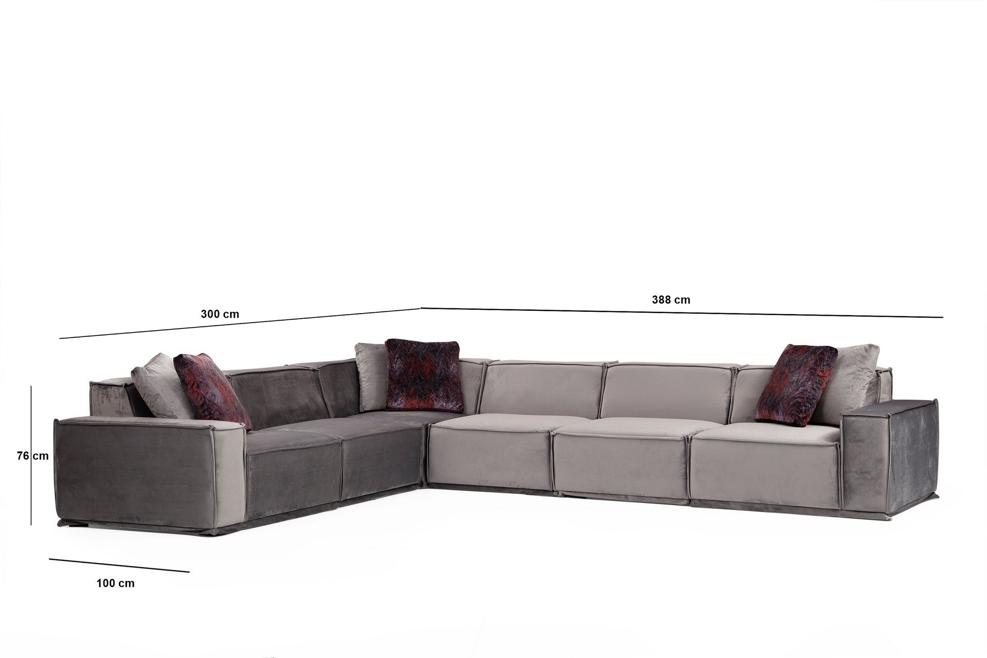 Sofá de canto elegante cinza, 300 x 388 cm | Estrutura em madeira de faia e aglomerado, 100% poliéster, almofadas de espuma macia, 4 travesseiros incluídos | Elegante e funcional para espaços de convivência modernos