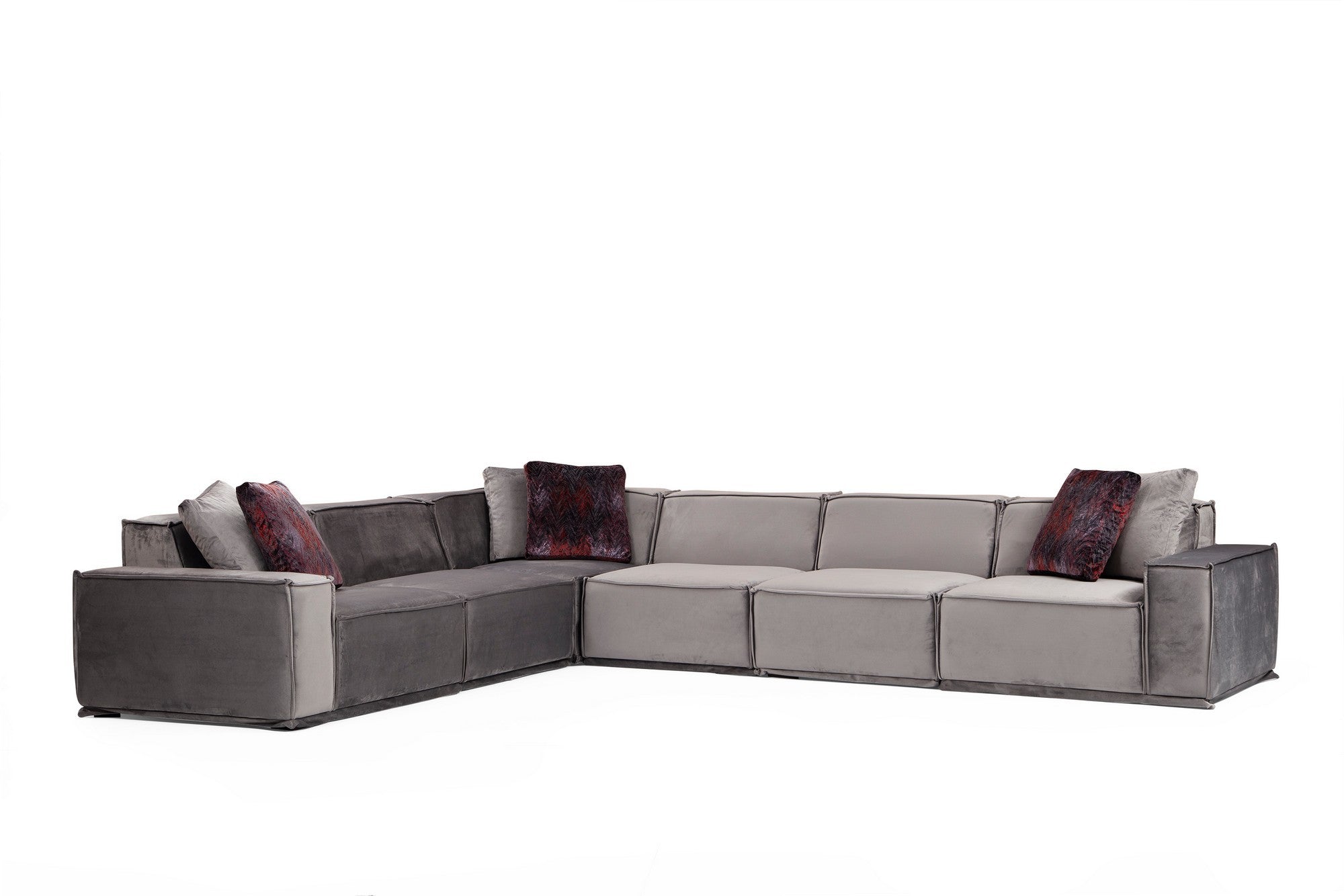 Sofá de canto elegante cinza, 300 x 388 cm | Estrutura em madeira de faia e aglomerado, 100% poliéster, almofadas de espuma macia, 4 travesseiros incluídos | Elegante e funcional para espaços de convivência modernos