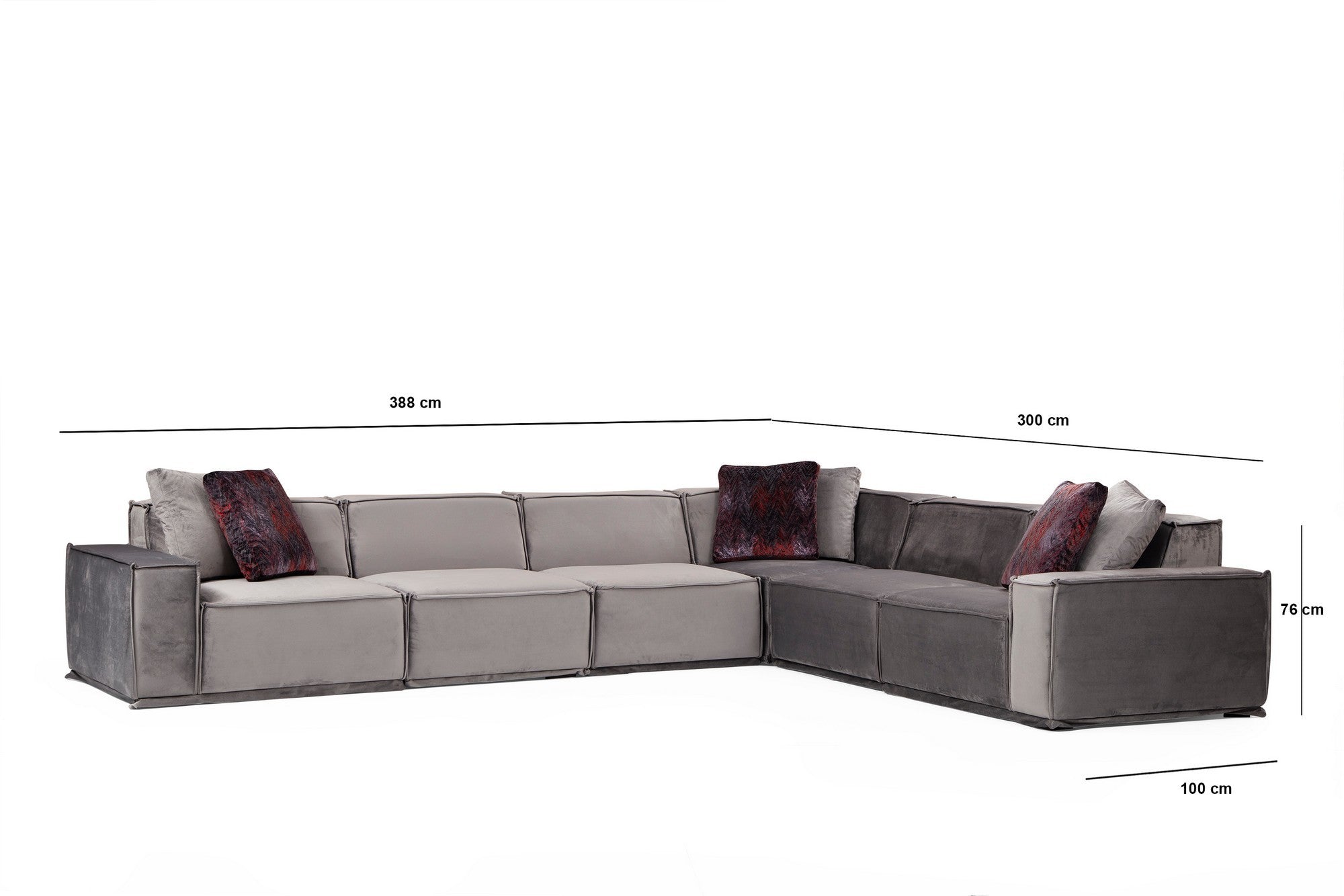 Sofá de Canto Elegante, Cinza, 388 x 300 cm | Estrutura em Madeira de Faia e Aglomerado, 100% Poliéster, 4 Almofadas Inclusas | Perfeito para Espaços Modernos