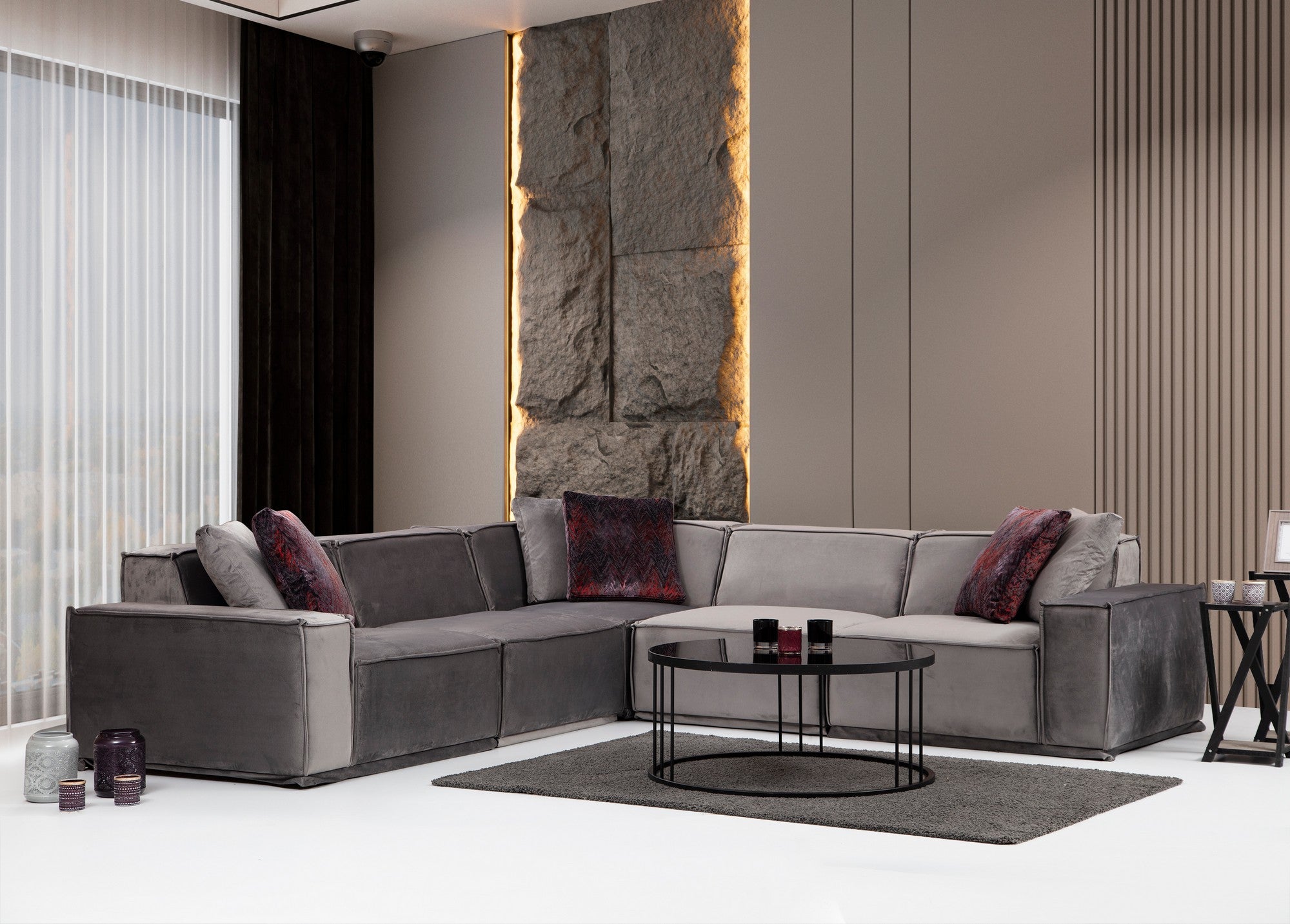 Sofá de canto elegante, cinza, 300 x 300 x 76 cm | Estrutura em madeira de faia e aglomerado, 100% poliéster, 4 almofadas macias incluídas | Perfeito para espaços modernos