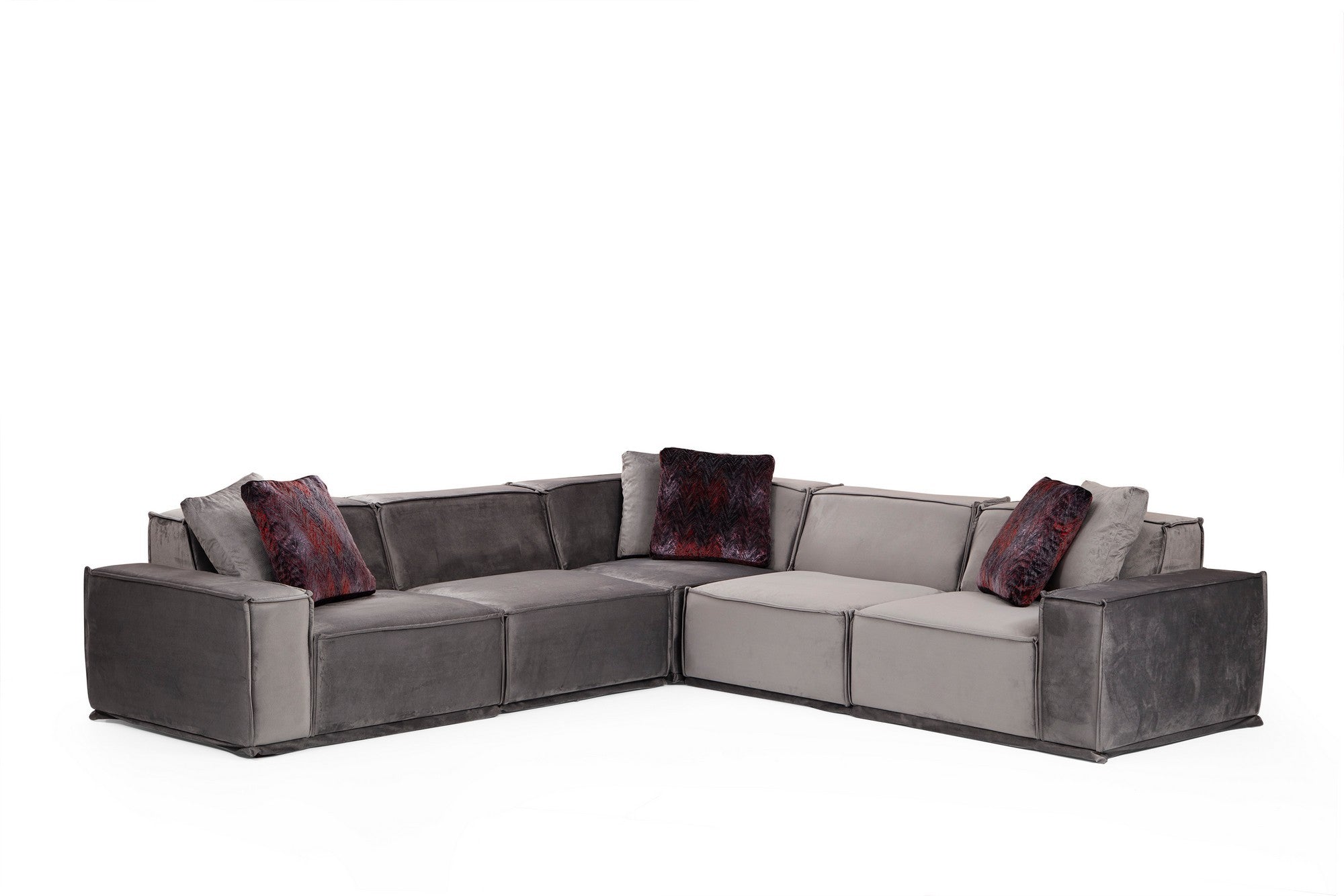 Sofá de canto elegante, cinza, 300 x 300 x 76 cm | Estrutura em madeira de faia e aglomerado, 100% poliéster, 4 almofadas macias incluídas | Perfeito para espaços modernos