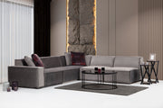 Sofá de canto elegante, cinza, 300 x 276 x 76 cm | Estrutura em madeira de faia e aglomerado, 100% poliéster, 4 almofadas incluídas | Perfeito para espaços modernos