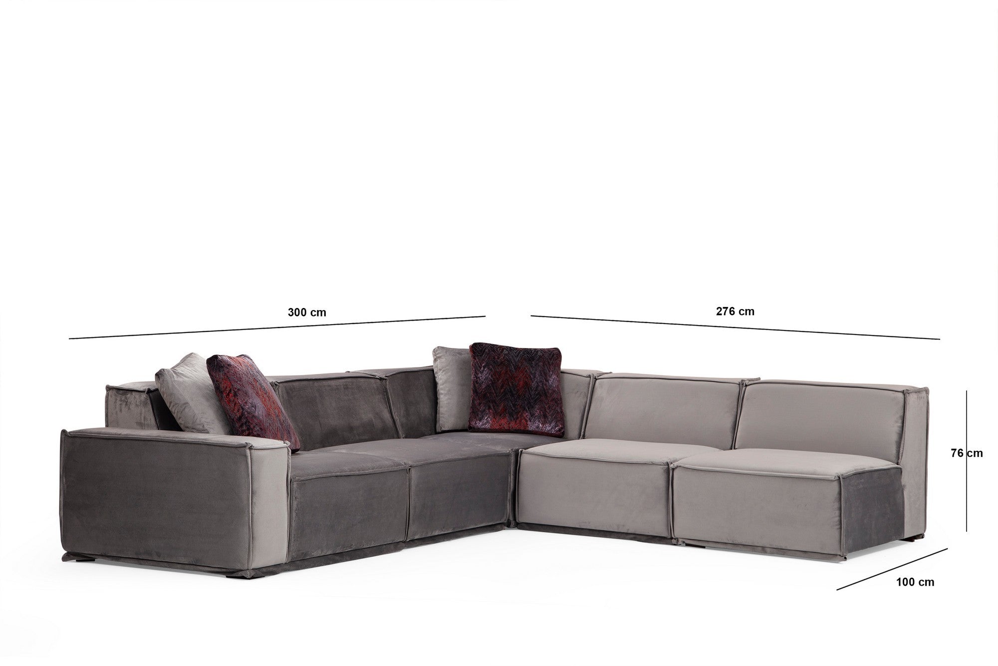 Sofá de canto elegante, cinza, 300 x 276 x 76 cm | Estrutura em madeira de faia e aglomerado, 100% poliéster, 4 almofadas incluídas | Perfeito para espaços modernos