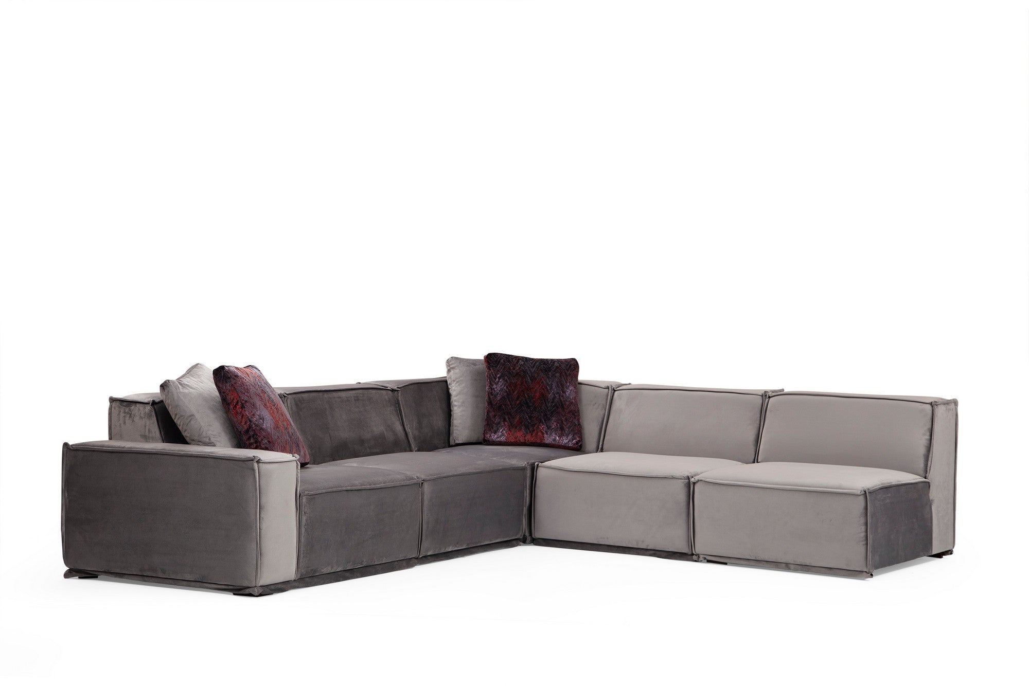 Sofá de canto elegante, cinza, 300 x 276 x 76 cm | Estrutura em madeira de faia e aglomerado, 100% poliéster, 4 almofadas incluídas | Perfeito para espaços modernos