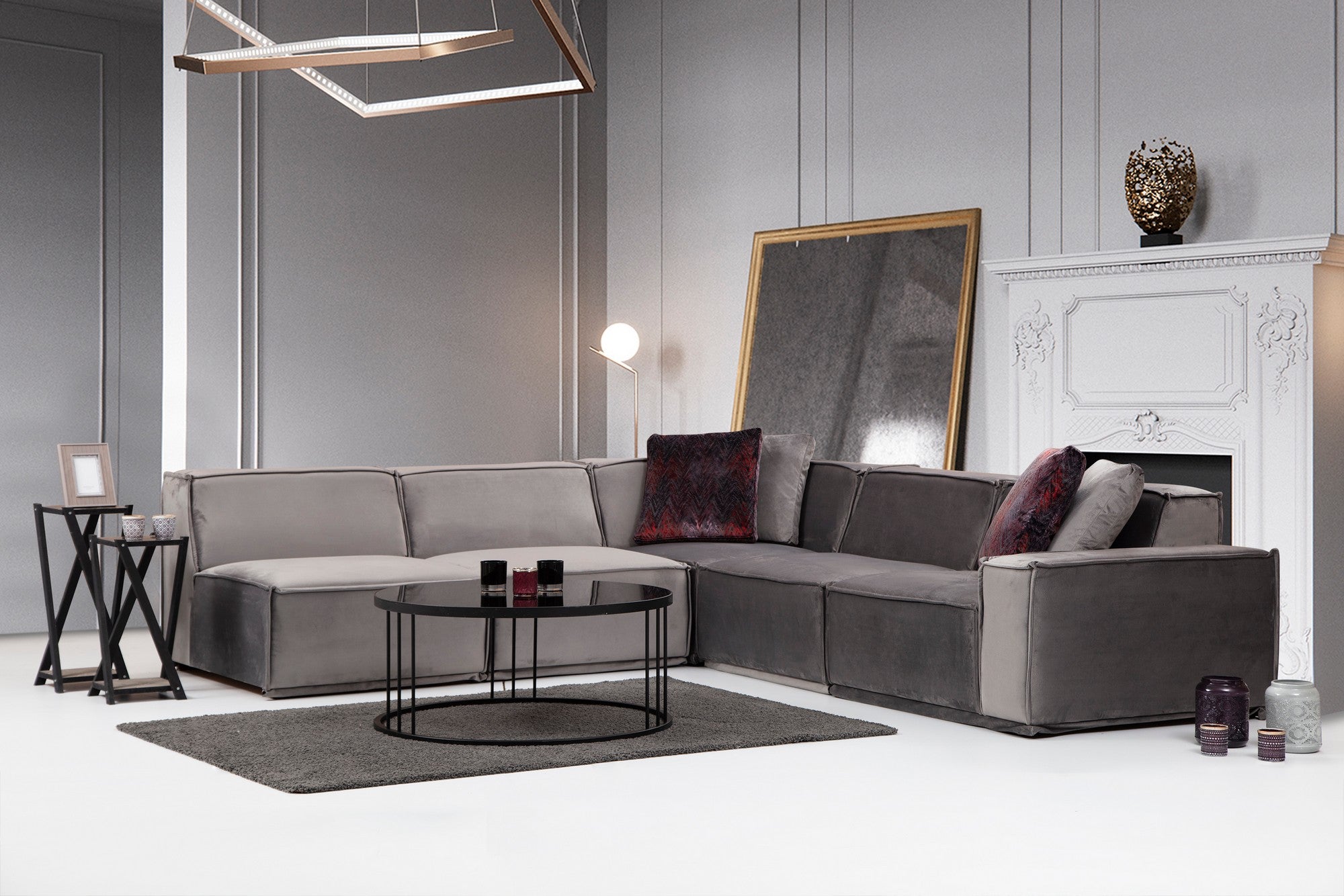 Sofá de Canto Elegante, Cinza, 276 x 300 cm | Estrutura em Madeira de Faia e Aglomerado, 100% Poliéster, 4 Almofadas Inclusas | Perfeito para Espaços Modernos