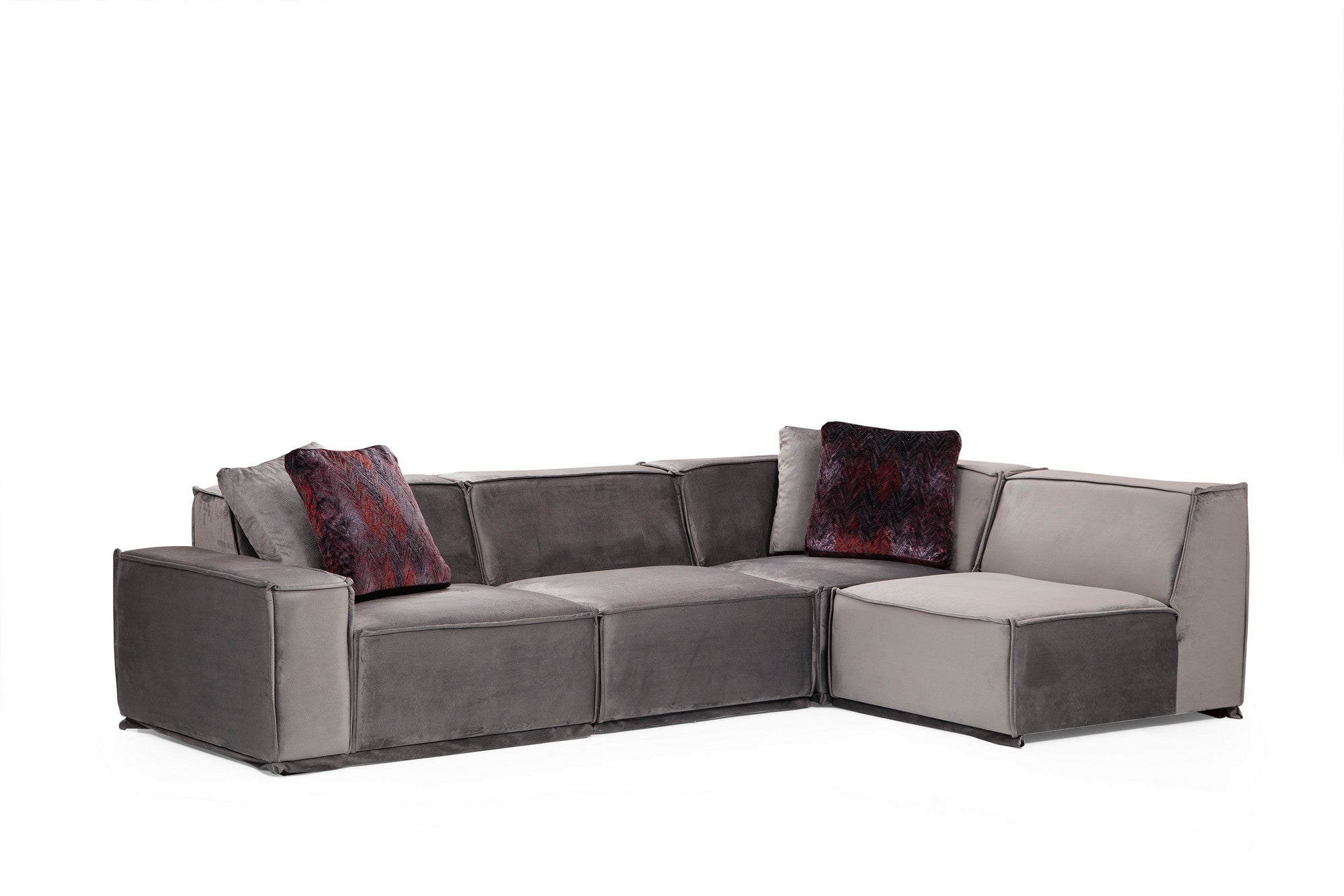 Sofá de canto elegante, cinza, 300 x 190 cm | Estrutura em madeira de faia e aglomerado, 100% poliéster, almofadas de espuma macia, 4 travesseiros incluídos | Elegante e confortável para espaços de convivência modernos