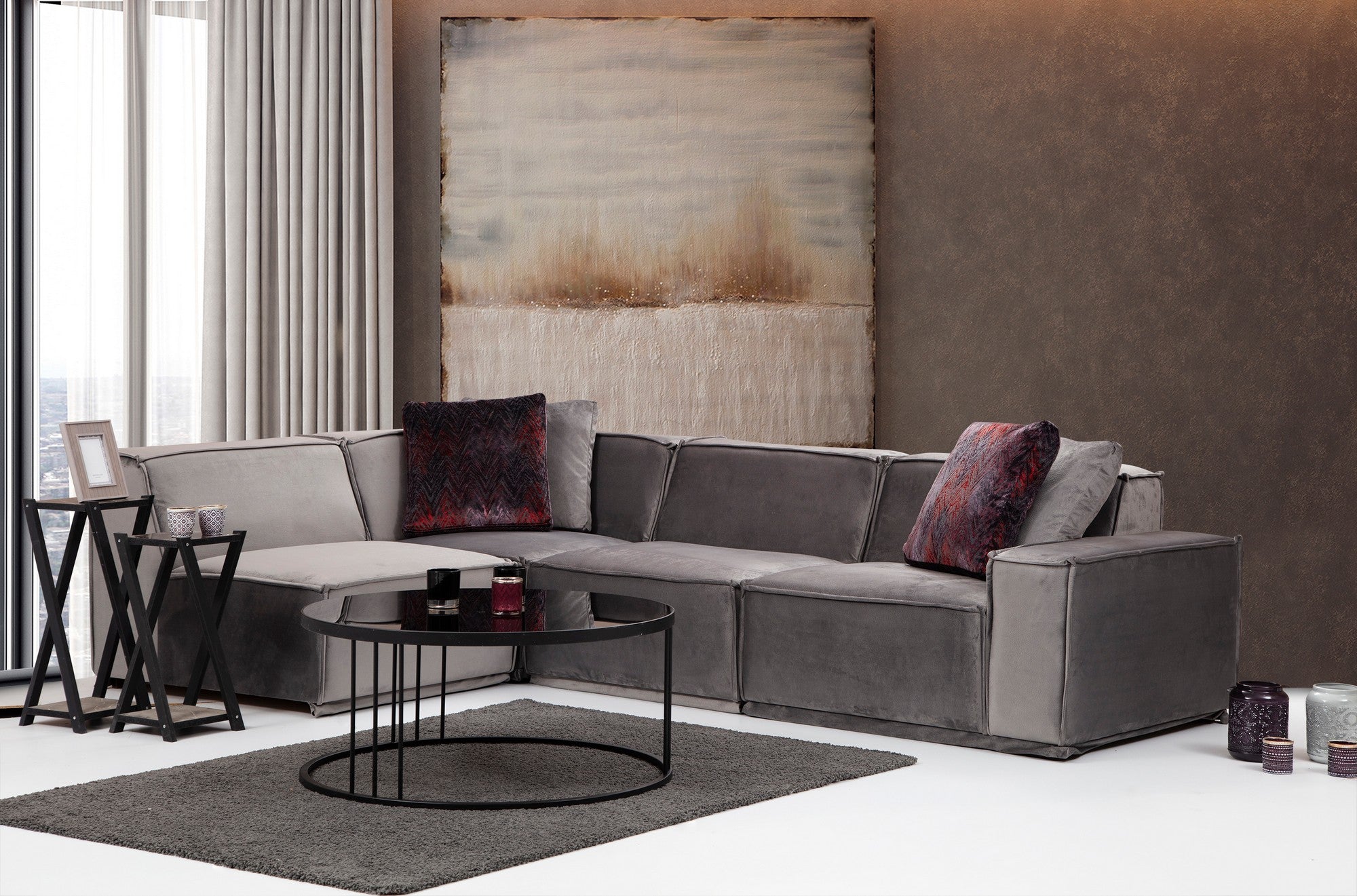 Sofá de Canto Elegante, Cinza, 190x300 cm | Estrutura em Madeira de Faia e Aglomerado, 100% Poliéster, Almofadas de Espuma Macia, 4 Almofadas Inclusas | Conceito Moderno de Hotel