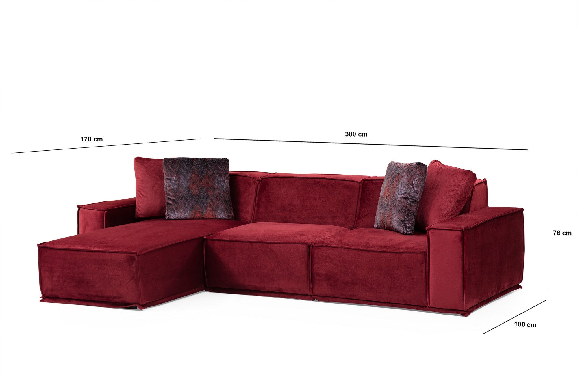 Sofá de canto elegante na cor Borgonha, estrutura de madeira de faia e aglomerado, 170 x 300 cm | 100% poliéster, espuma macia, 4 almofadas incluídas | Design moderno para residências e hotéis