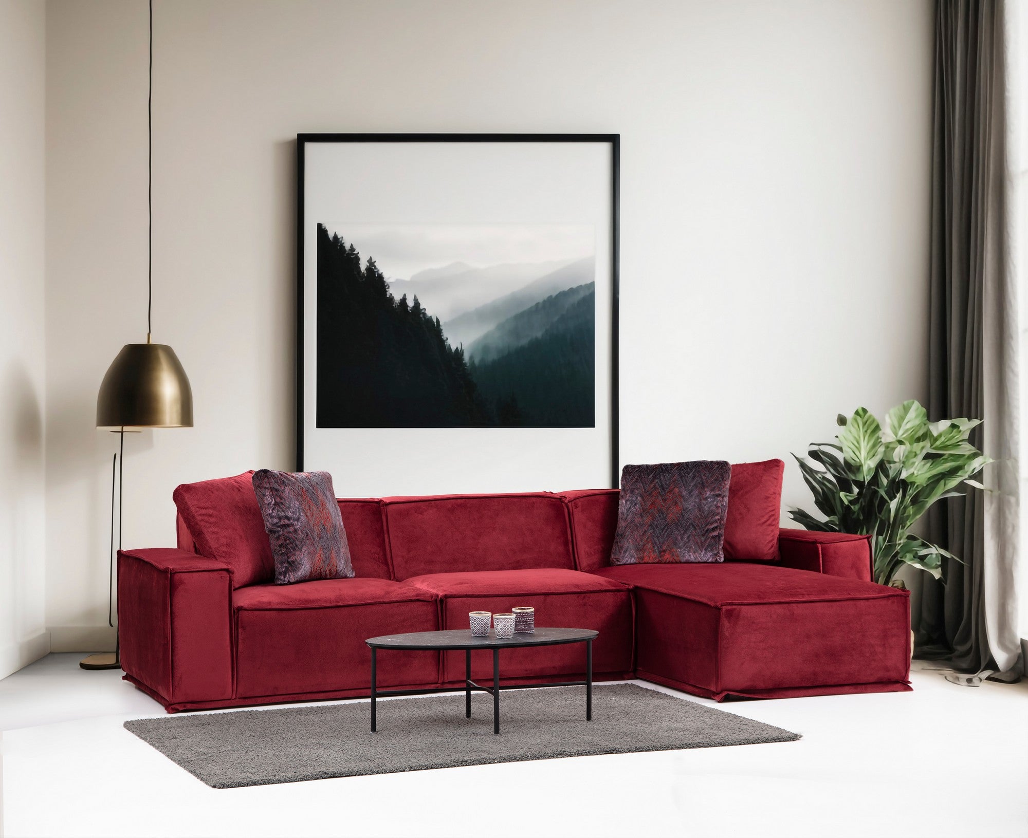 Sofá de canto elegante na cor Borgonha, 300 x 170 cm | Estrutura em madeira de faia e aglomerado, 100% poliéster, 4 almofadas incluídas | Perfeito para espaços modernos