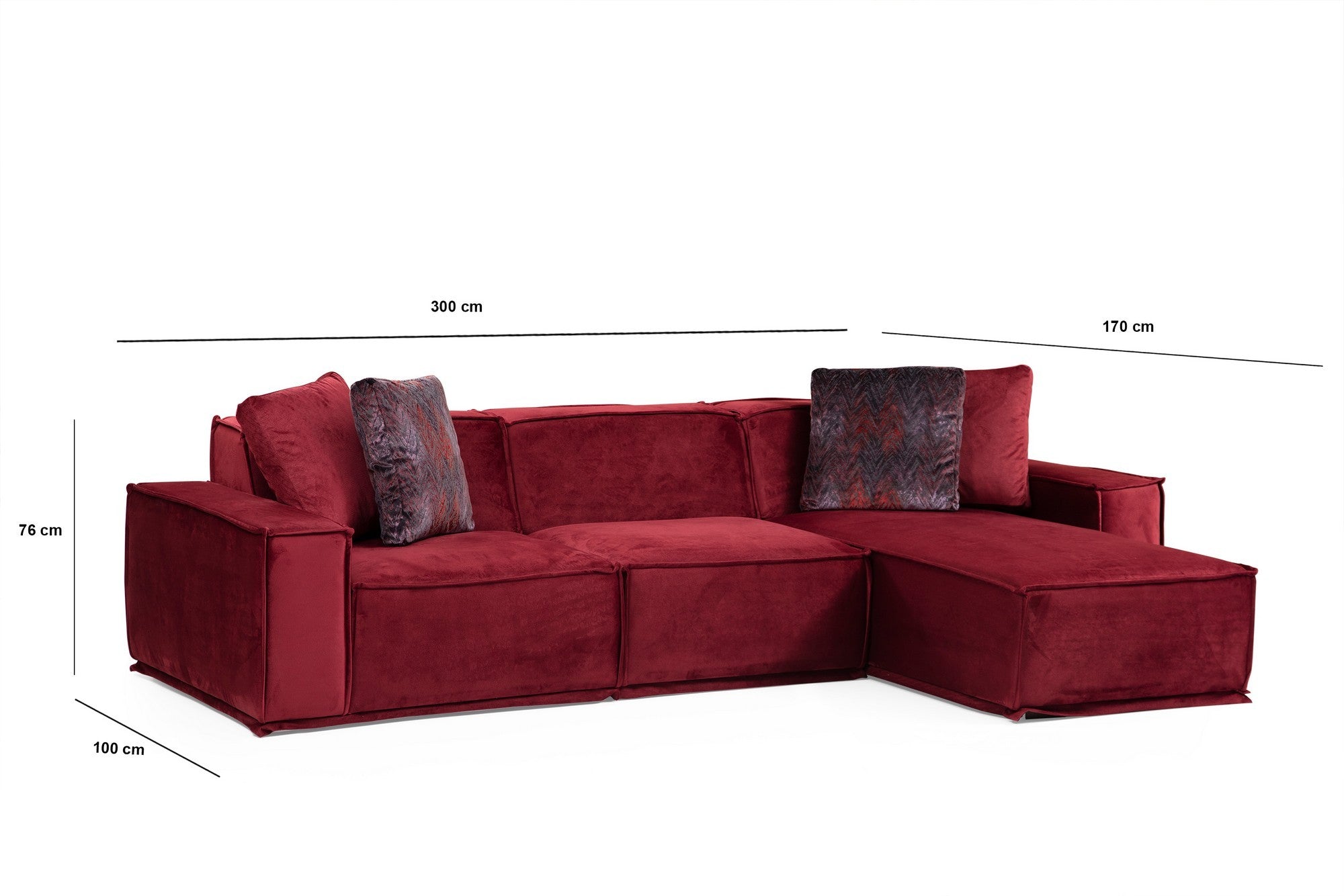 Sofá de canto elegante na cor Borgonha, 300 x 170 cm | Estrutura em madeira de faia e aglomerado, 100% poliéster, 4 almofadas incluídas | Perfeito para espaços modernos