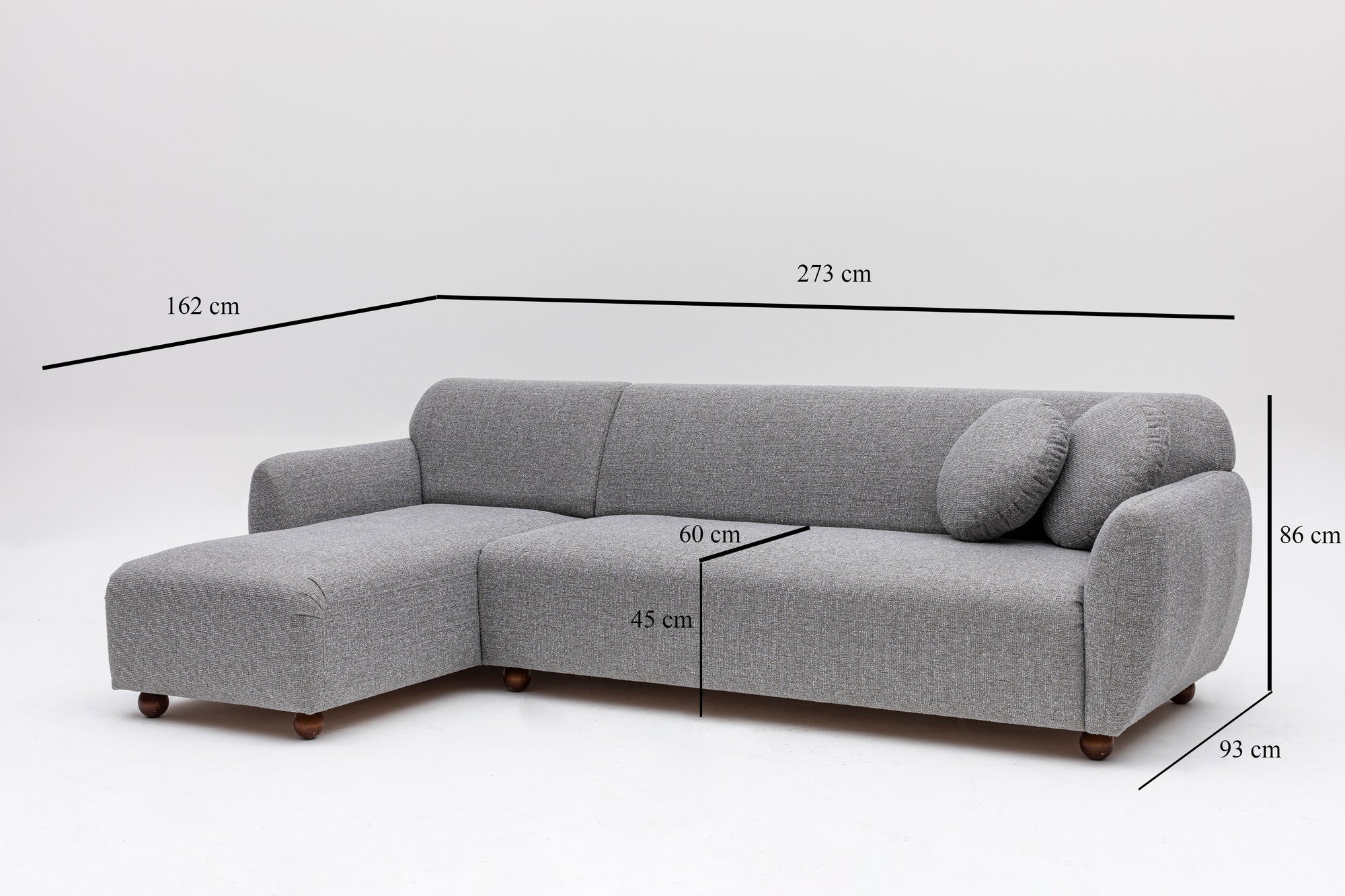 Sofá de canto elegante, cinza claro, 162 x 273 cm | Estrutura em madeira de faia e aglomerado, 100% poliéster, 2 almofadas incluídas | Design elegante para espaços de convivência modernos