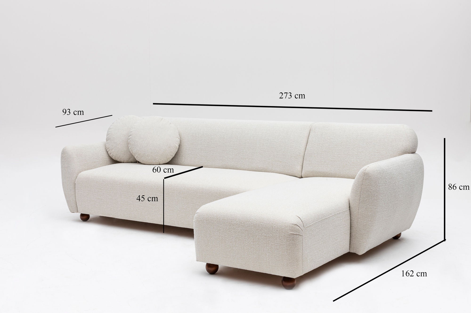 Sofá de canto elegante, branco, 162 x 273 cm | Estrutura em madeira de faia e aglomerado, 100% poliéster, 2 almofadas incluídas | Elegante e confortável para espaços de convivência modernos