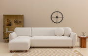 Sofá de canto elegante, estrutura de madeira de faia e aglomerado, 273 x 162 cm, 100% poliéster, 2 almofadas incluídas, pernas de nogueira, lavável a seco, design branco moderno