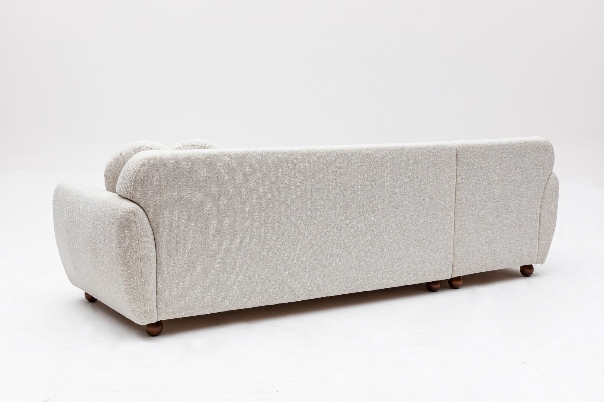 Sofá de canto elegante, estrutura de madeira de faia e aglomerado, 273 x 162 cm, 100% poliéster, 2 almofadas incluídas, pernas de nogueira, lavável a seco, design branco moderno