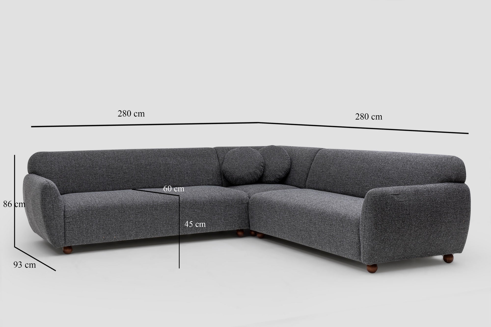 Sofá de canto elegante, cinza escuro, 280 x 280 cm | Estrutura em madeira de faia e aglomerado, 100% poliéster, 2 almofadas incluídas | Design elegante para espaços de convivência modernos