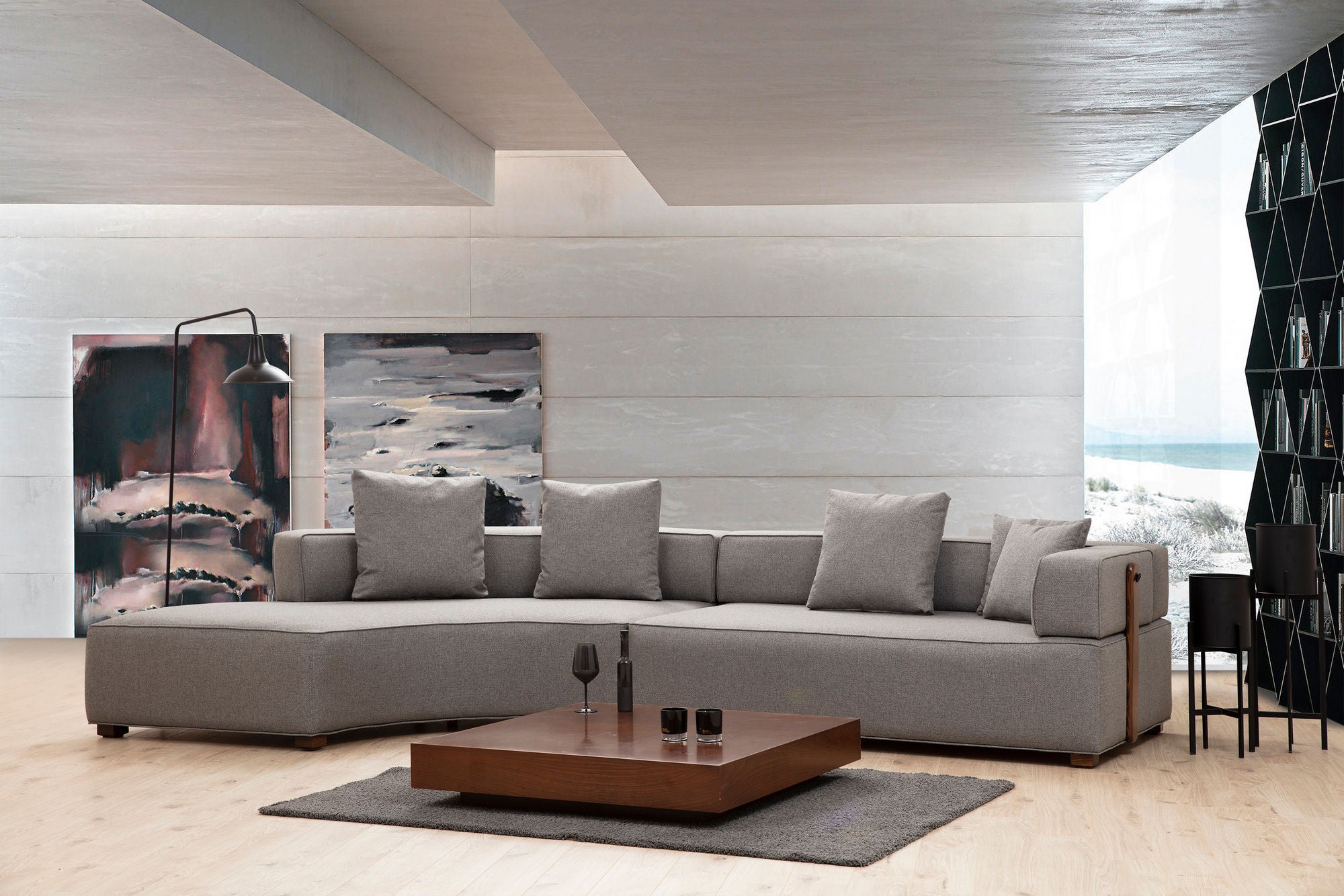 Sofá de canto elegante, cinza, 105 x 180 cm | Estrutura em madeira de faia e aglomerado, 100% poliéster, 5 almofadas incluídas | Design escandinavo elegante para uma vida moderna