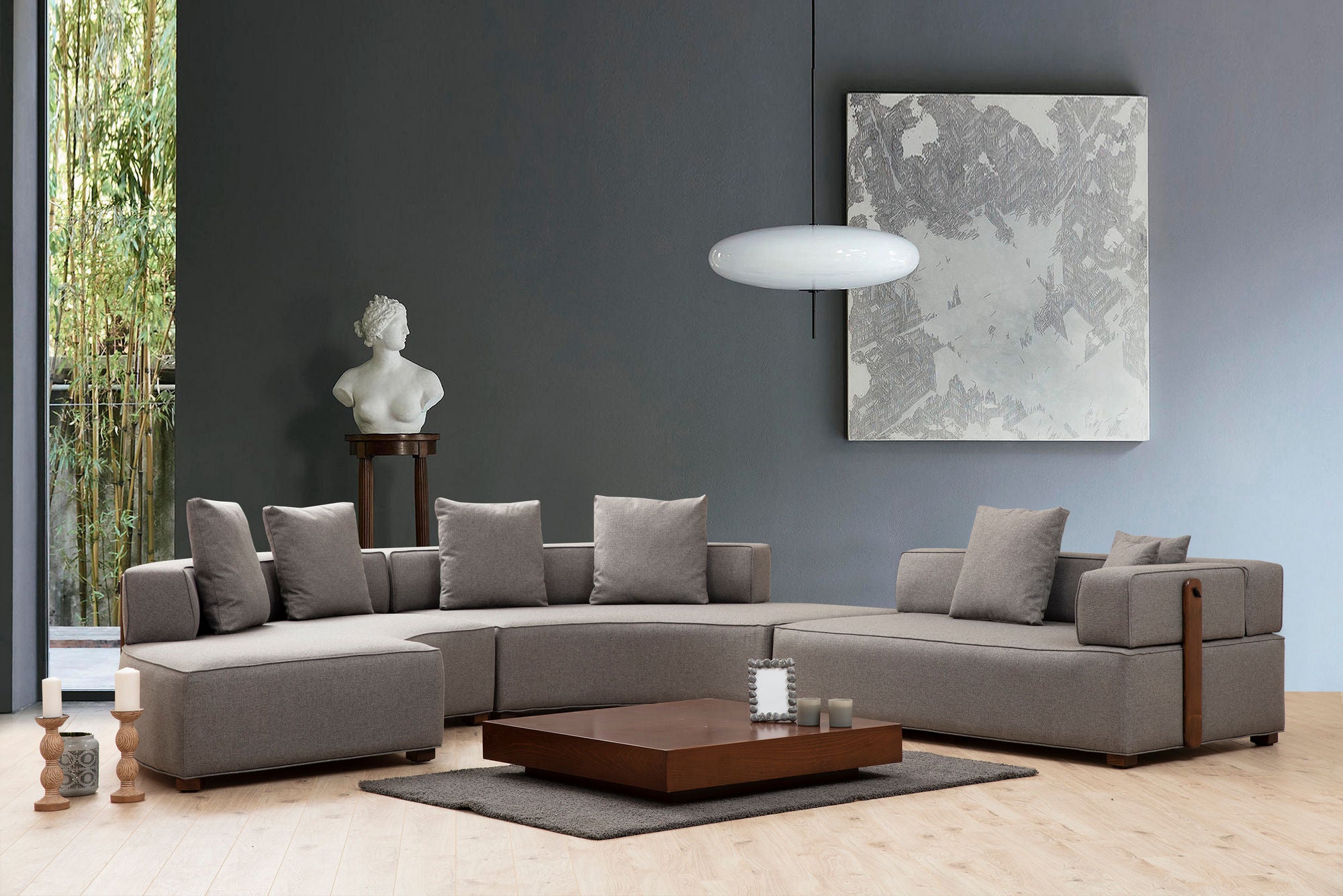 Sofá de canto elegante, cinza, 300 x 360 cm | Estrutura em madeira de faia e aglomerado, 100% poliéster, 7 almofadas incluídas | Perfeito para espaços de estar escandinavos modernos