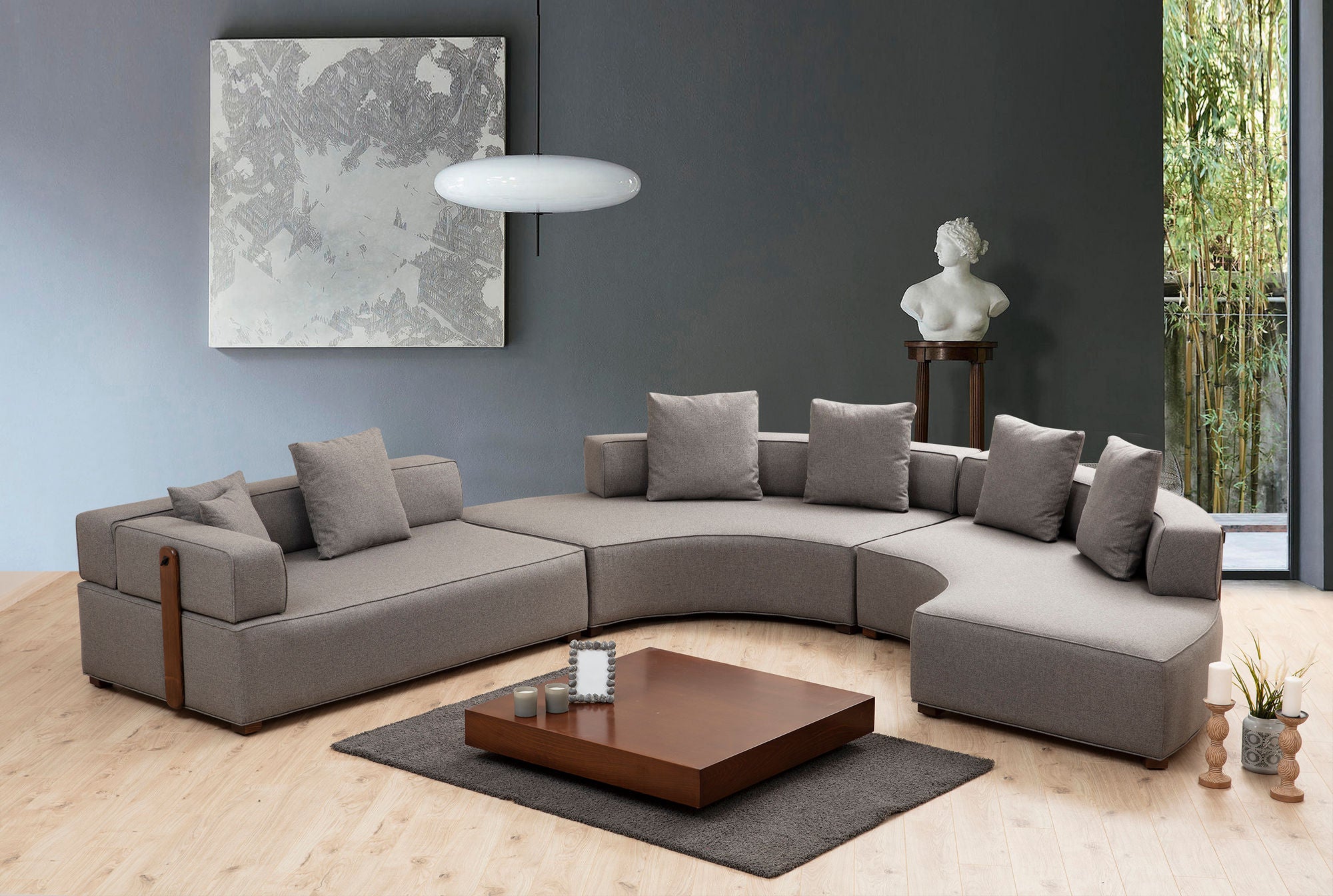 Sofá de canto elegante, cinza, 360 x 300 cm | Estrutura em madeira de faia e aglomerado, 100% poliéster, 7 almofadas incluídas | Perfeito para espaços de estar escandinavos modernos