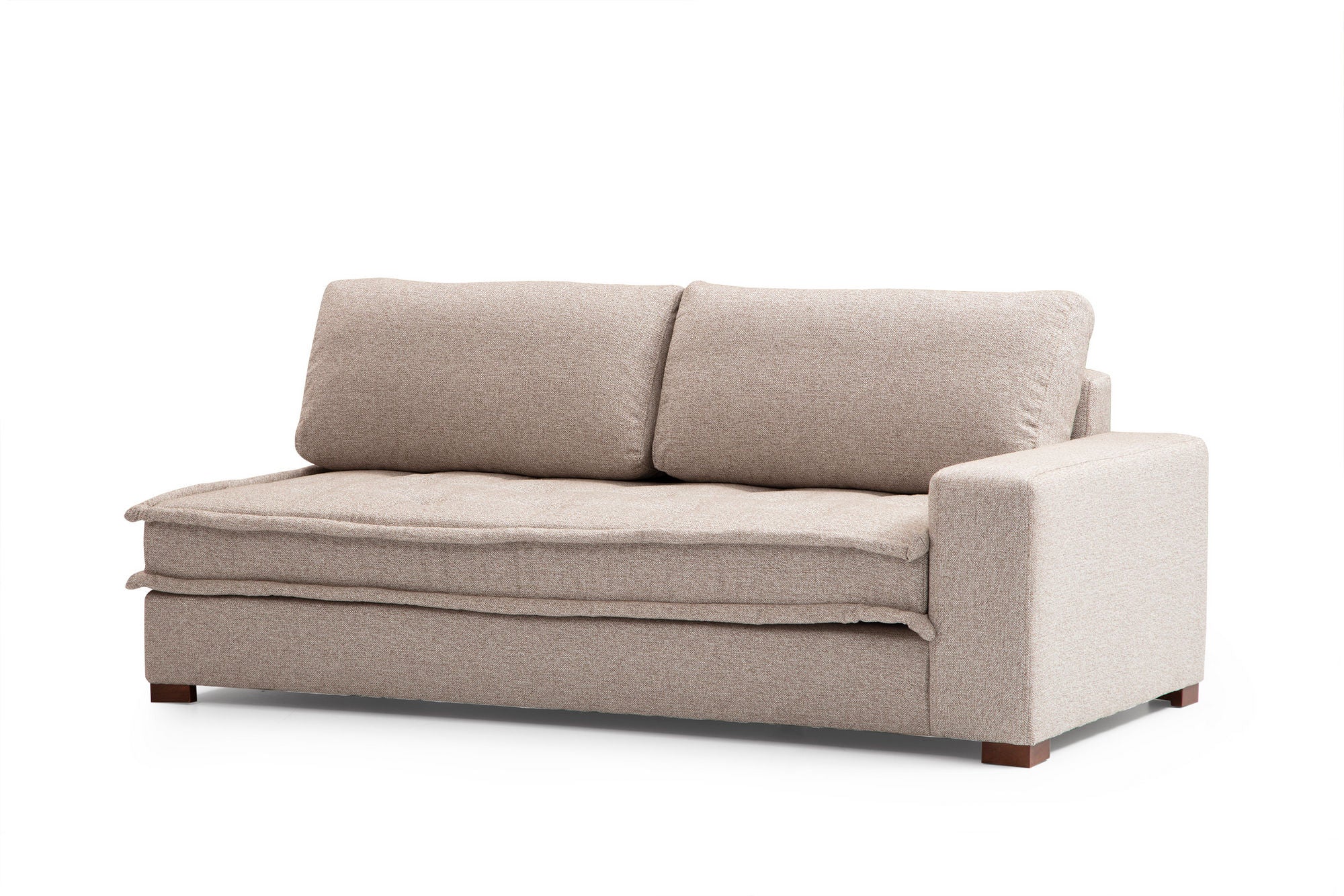 Sofá de canto elegante, bege areia, 190 x 323 cm | Estrutura em madeira de faia e aglomerado, 100% poliéster, espuma macia e almofadas de penas | Inclui 2 almofadas, pernas de nogueira