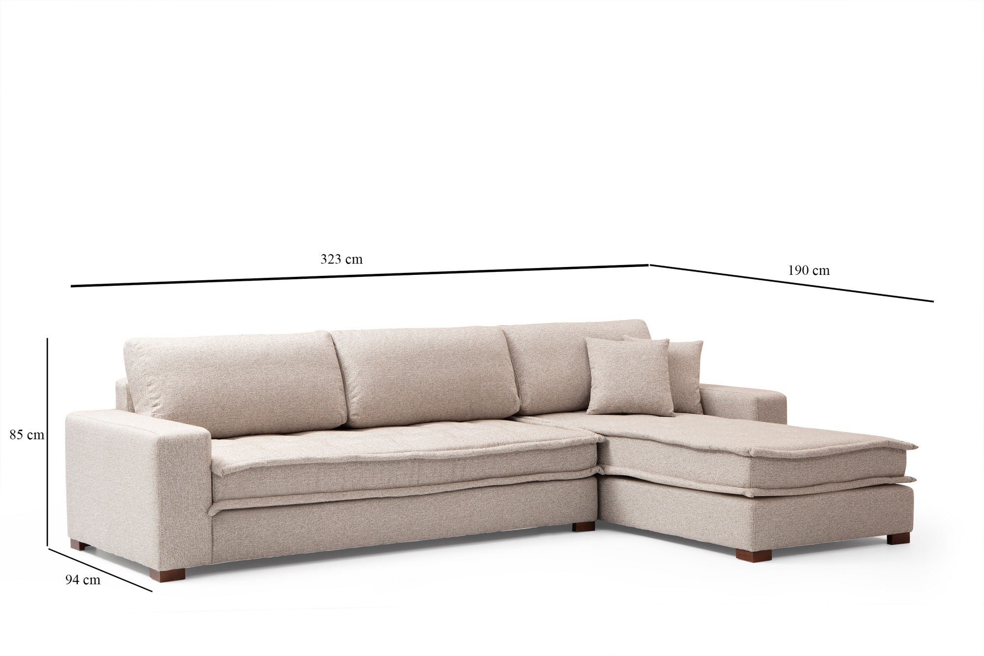 Sofá de canto elegante, bege areia, 323 x 190 cm | Estrutura em madeira de faia e aglomerado, 100% poliéster, espuma macia e almofadas de penas | Inclui 2 almofadas, pernas de nogueira