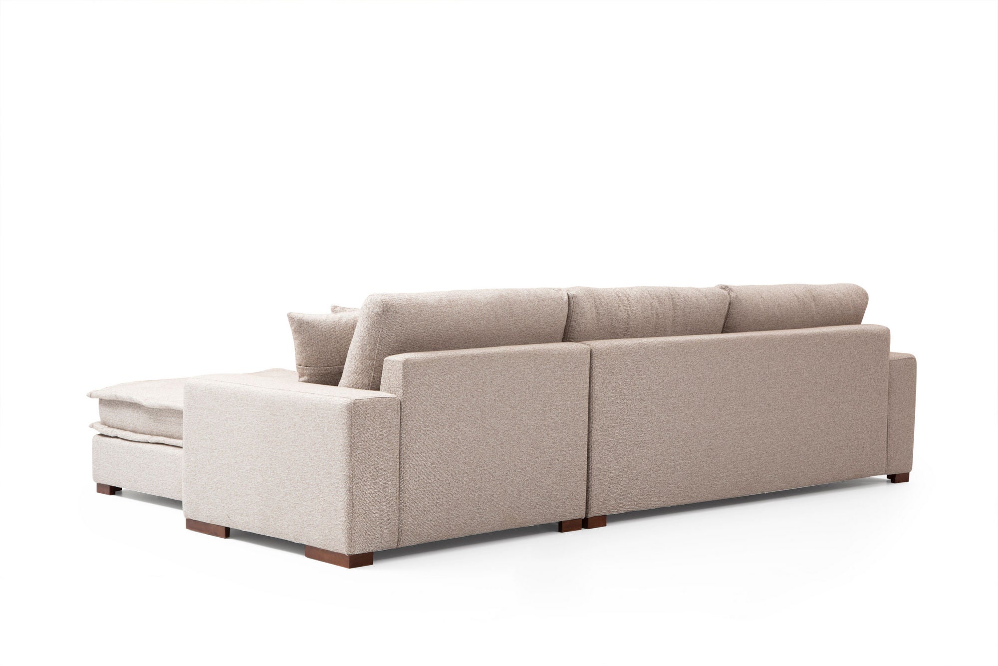 Sofá de canto elegante, bege areia, 323 x 190 cm | Estrutura em madeira de faia e aglomerado, 100% poliéster, espuma macia e almofadas de penas | Inclui 2 almofadas, pernas de nogueira