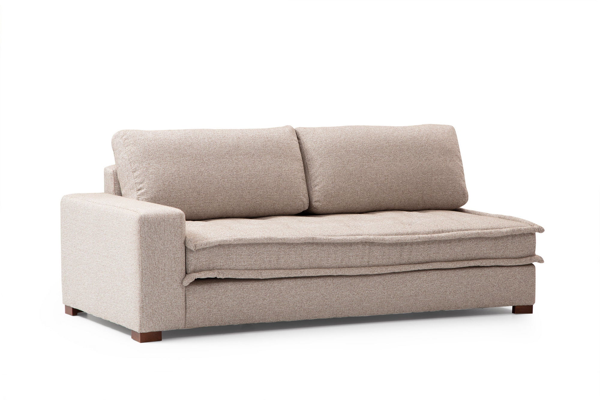 Sofá de canto elegante, bege areia, 323 x 190 cm | Estrutura em madeira de faia e aglomerado, 100% poliéster, espuma macia e almofadas de penas | Inclui 2 almofadas, pernas de nogueira