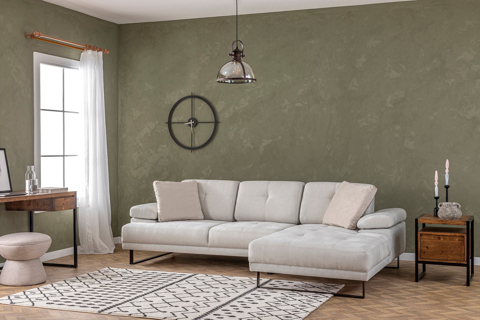 Sofá de canto elegante, bege, 274 x 174 x 83 cm | Estrutura em madeira de faia e aglomerado, 100% poliéster, braço ajustável, encosto móvel | Design industrial moderno