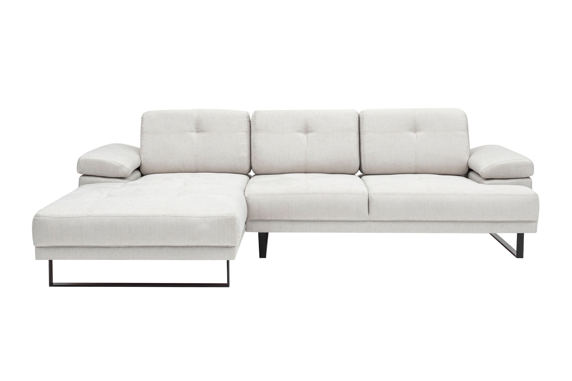 Sofá de canto elegante, bege, 174 x 274 cm | Estrutura em madeira de faia e aglomerado, 100% poliéster, braço ajustável, encosto móvel, pernas pretas foscas | Design industrial moderno