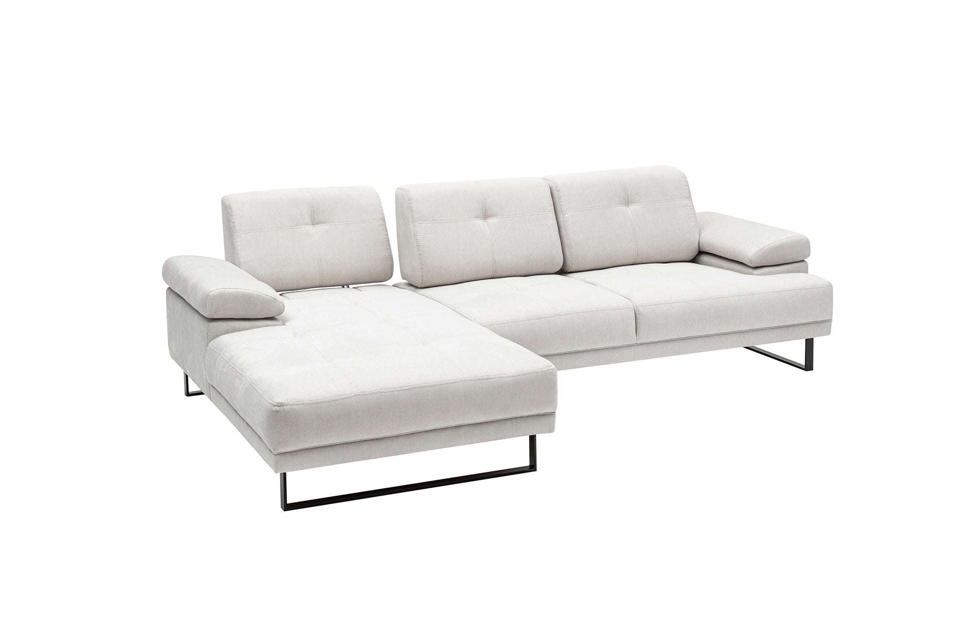 Sofá de canto elegante, bege, 174 x 274 cm | Estrutura em madeira de faia e aglomerado, 100% poliéster, braço ajustável, encosto móvel, pernas pretas foscas | Design industrial moderno