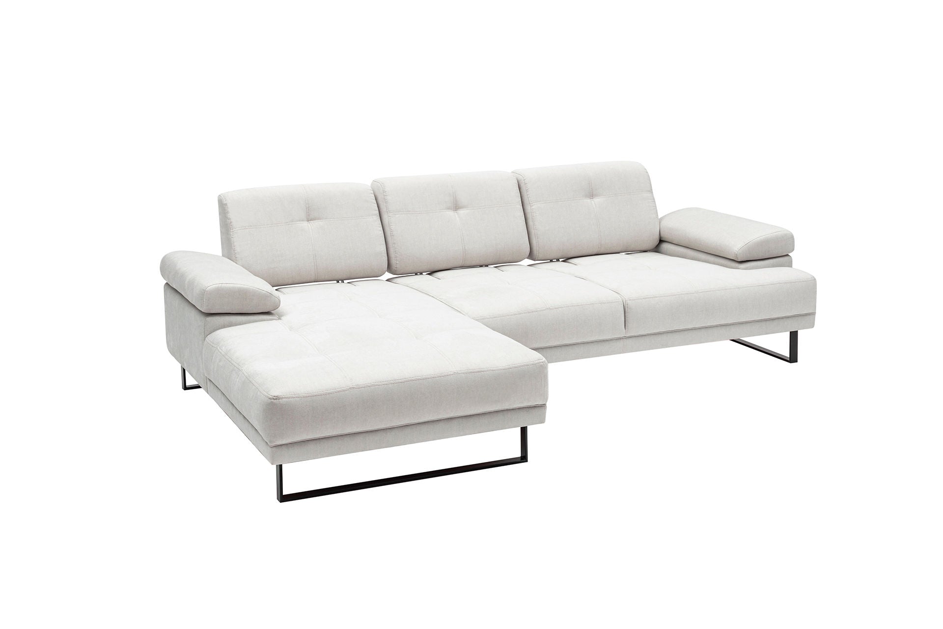 Sofá de canto elegante, bege, 174 x 274 cm | Estrutura em madeira de faia e aglomerado, 100% poliéster, braço ajustável, encosto móvel, pernas pretas foscas | Design industrial moderno