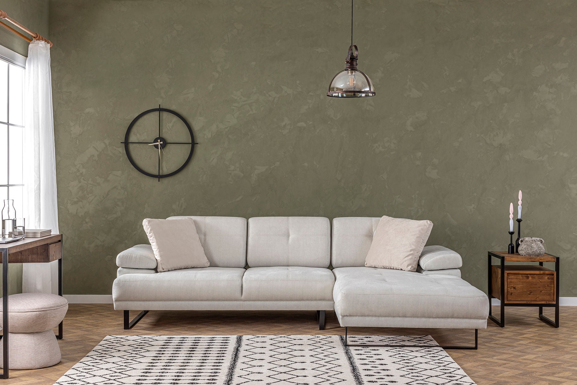 Sofá de canto elegante, bege, 314 x 174 cm | Estrutura em madeira de faia e aglomerado, 100% poliéster, braço ajustável, encosto móvel | Design industrial moderno