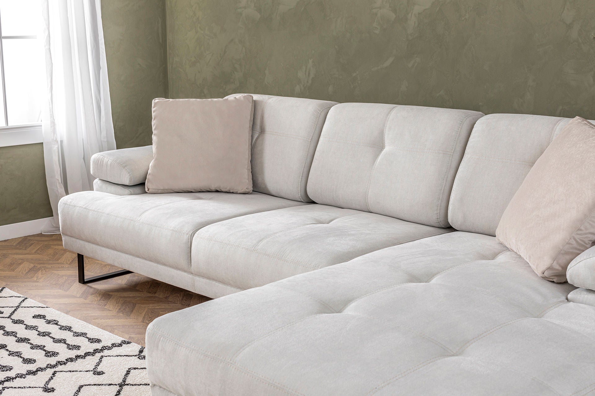 Sofá de canto elegante, bege, 314 x 174 cm | Estrutura em madeira de faia e aglomerado, 100% poliéster, braço ajustável, encosto móvel | Design industrial moderno
