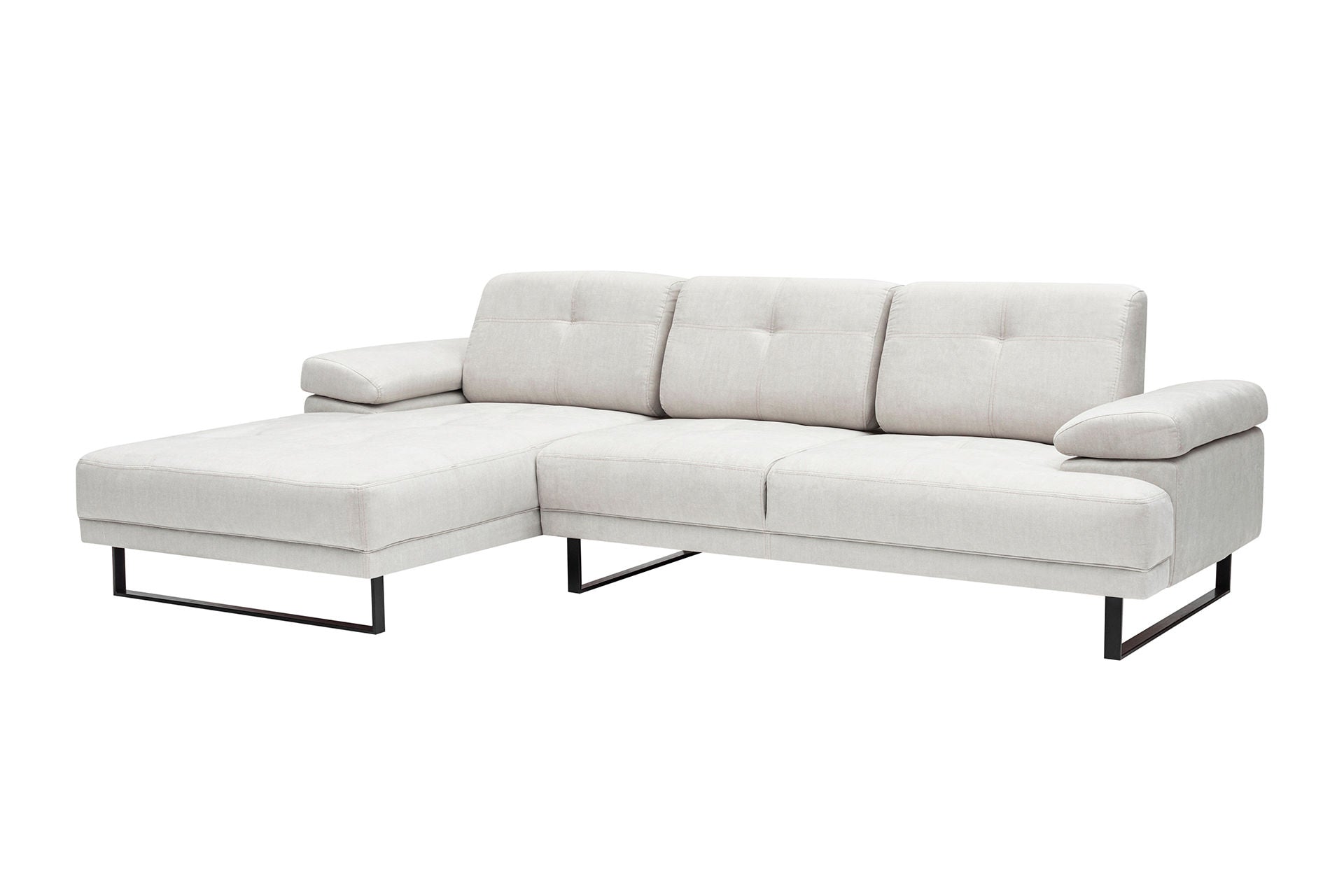 Sofá de canto bege com estrutura de madeira de faia, 174 x 314 cm | 100% poliéster, braço ajustável, encosto móvel, pernas de metal preto fosco | Elegante e funcional para uma vida moderna