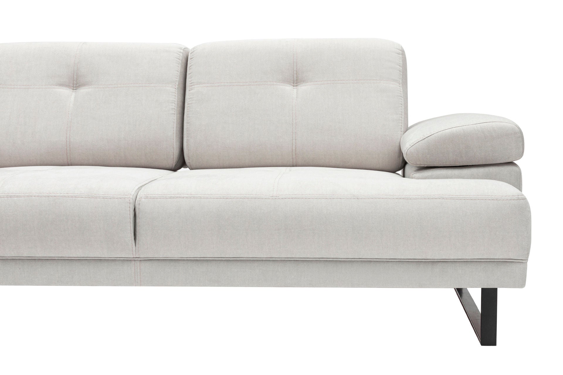 Sofá de canto bege com estrutura de madeira de faia, 174 x 314 cm | 100% poliéster, braço ajustável, encosto móvel, pernas de metal preto fosco | Elegante e funcional para uma vida moderna